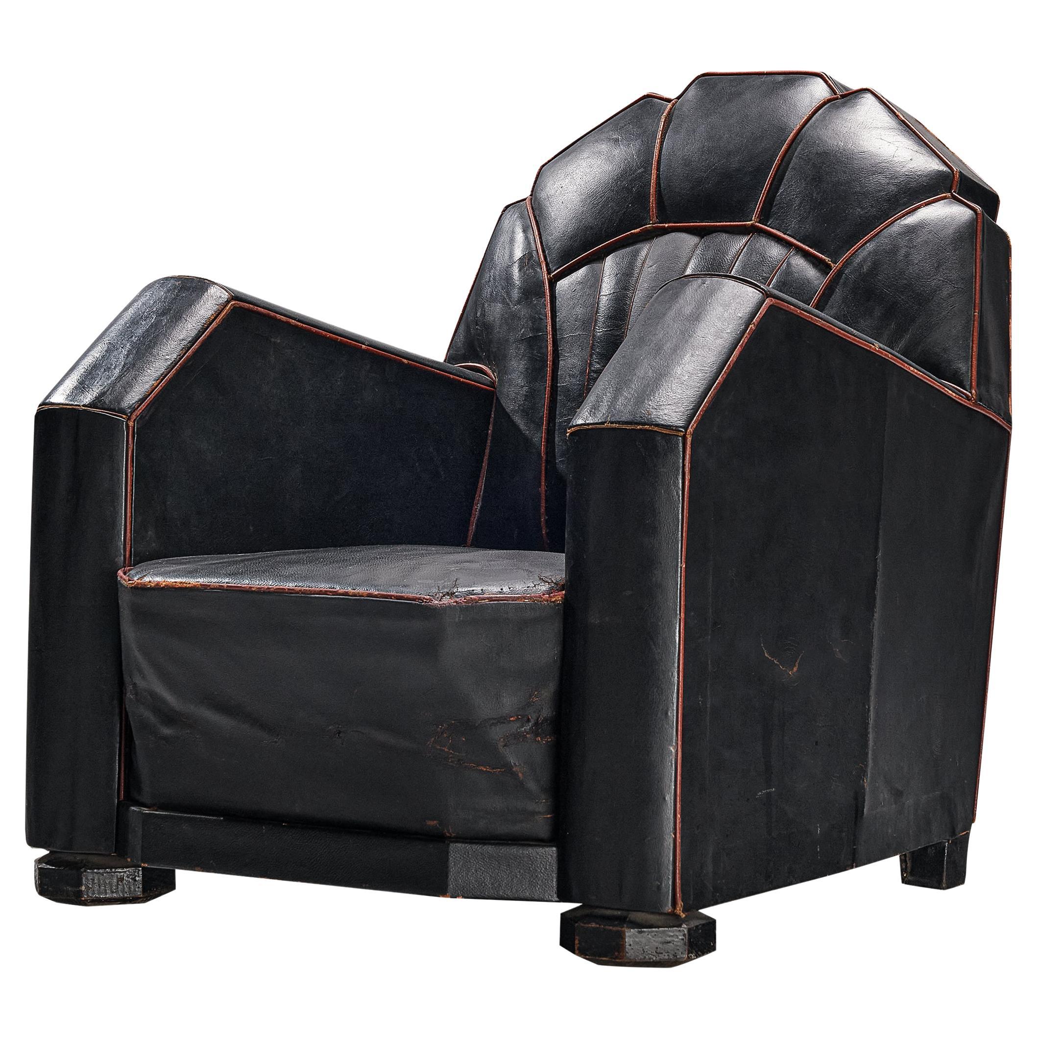 French Art Deco Club Chair in Black Leather For Sale