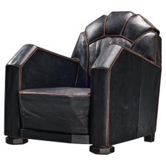 Vintage French Art Deco Club Chair in Black Leather