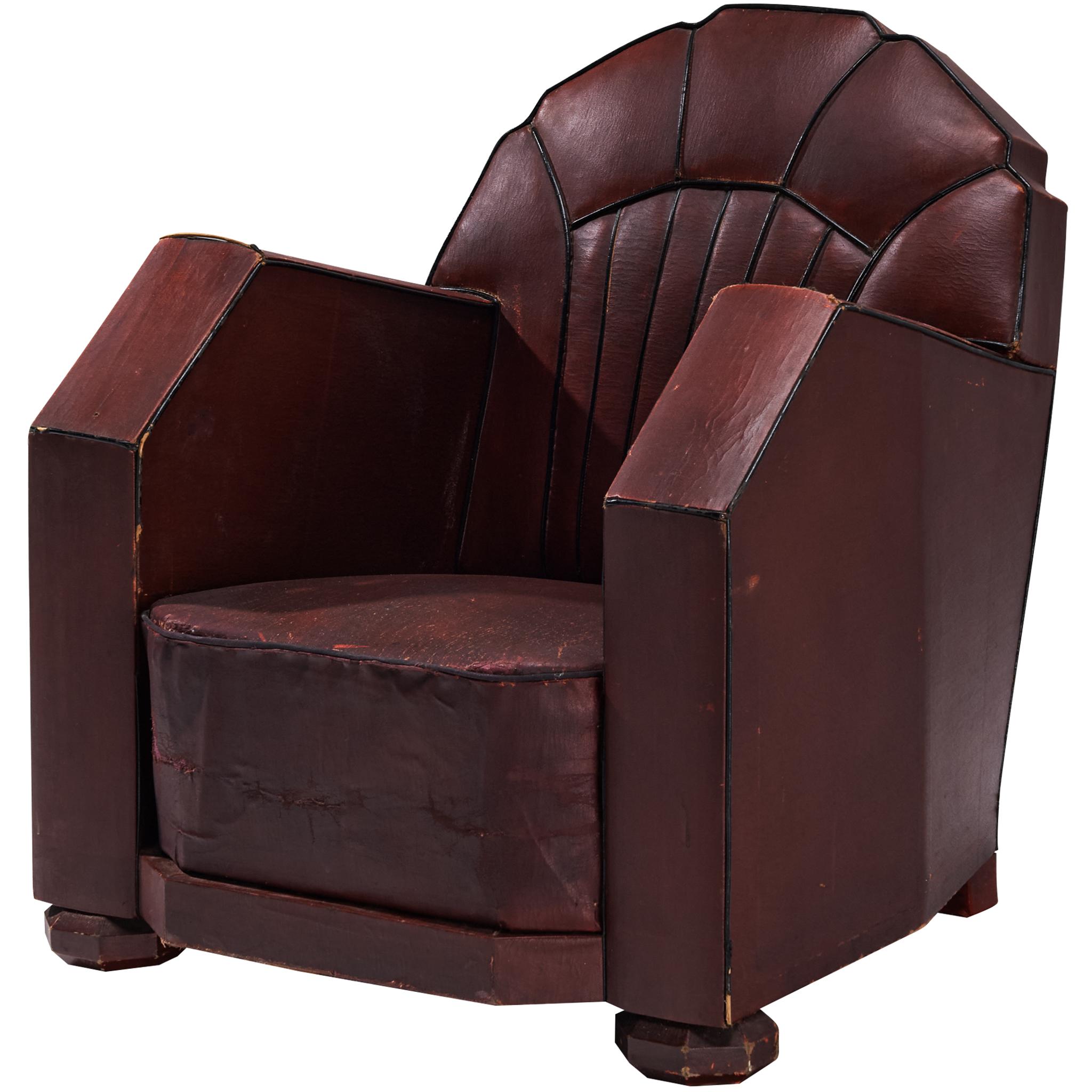 Französischer Art-déco-Clubsessel aus burgunderrotem Leder