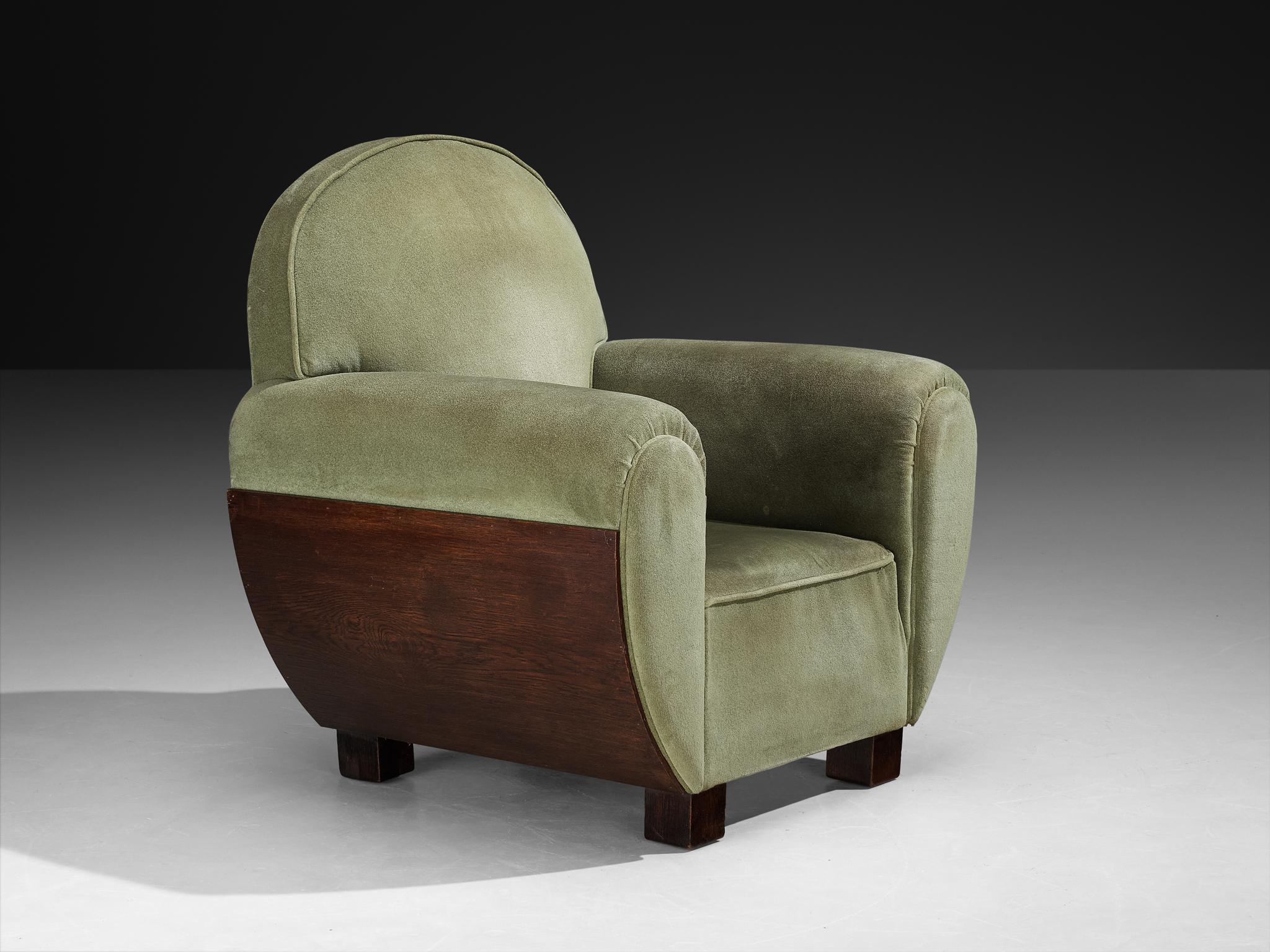 Silla Club Art Decó francesa de roble y tela Tela en venta