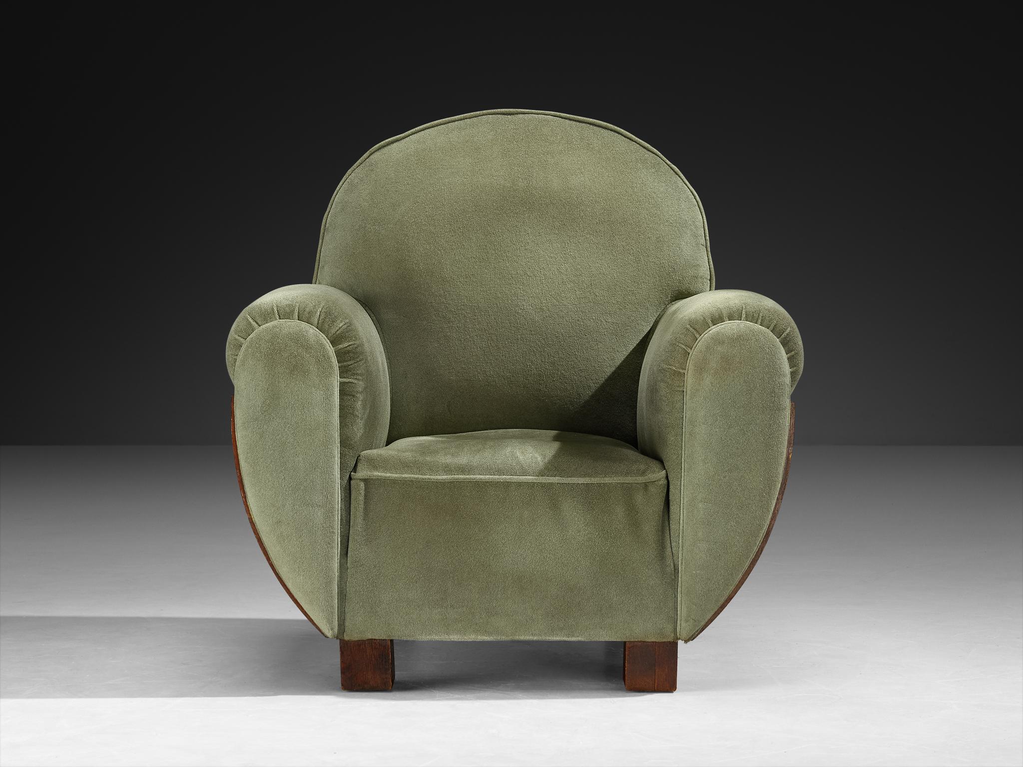 Silla Club Art Decó francesa de roble y tela en venta 1