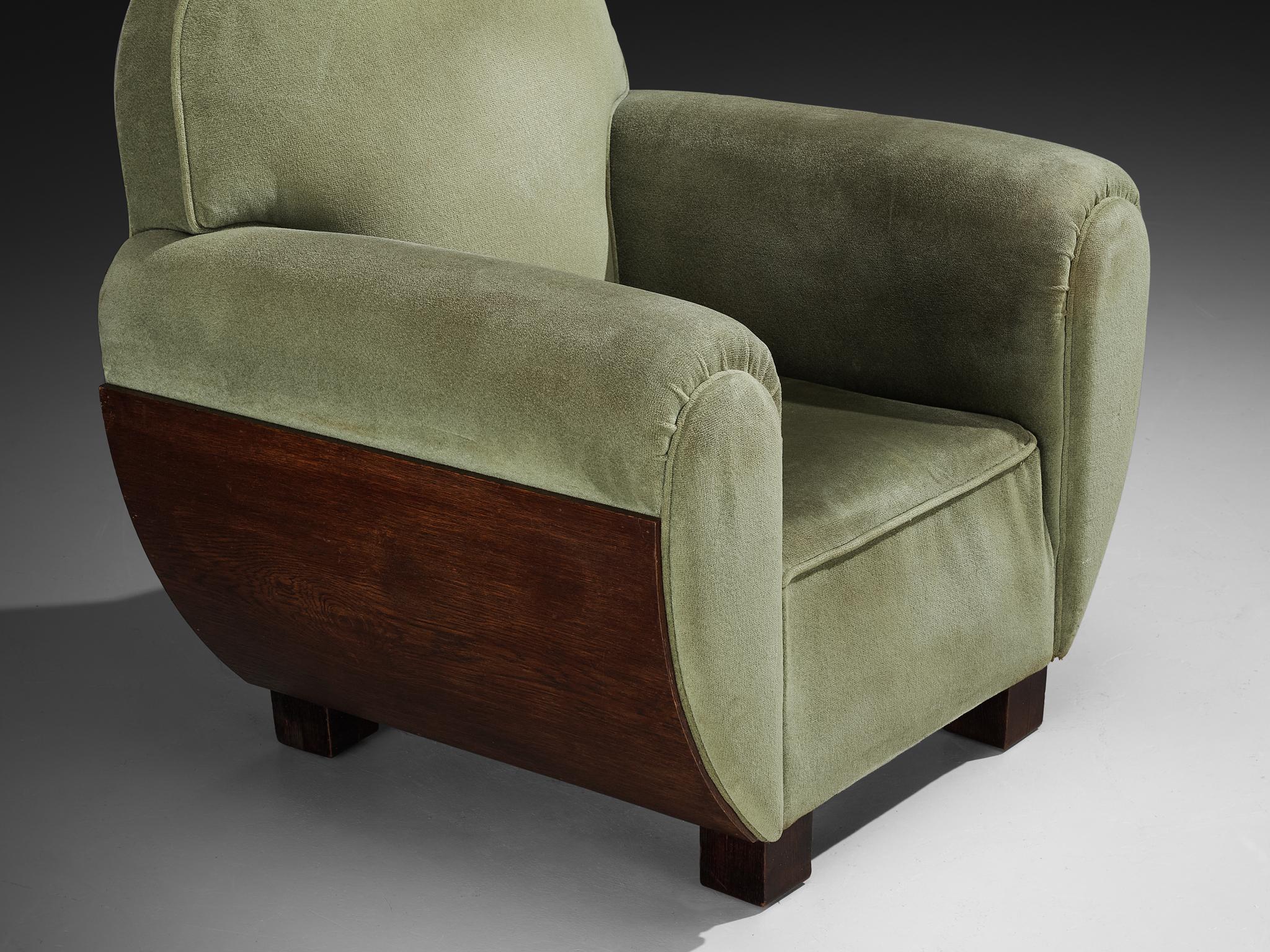 Silla Club Art Decó francesa de roble y tela en venta 3