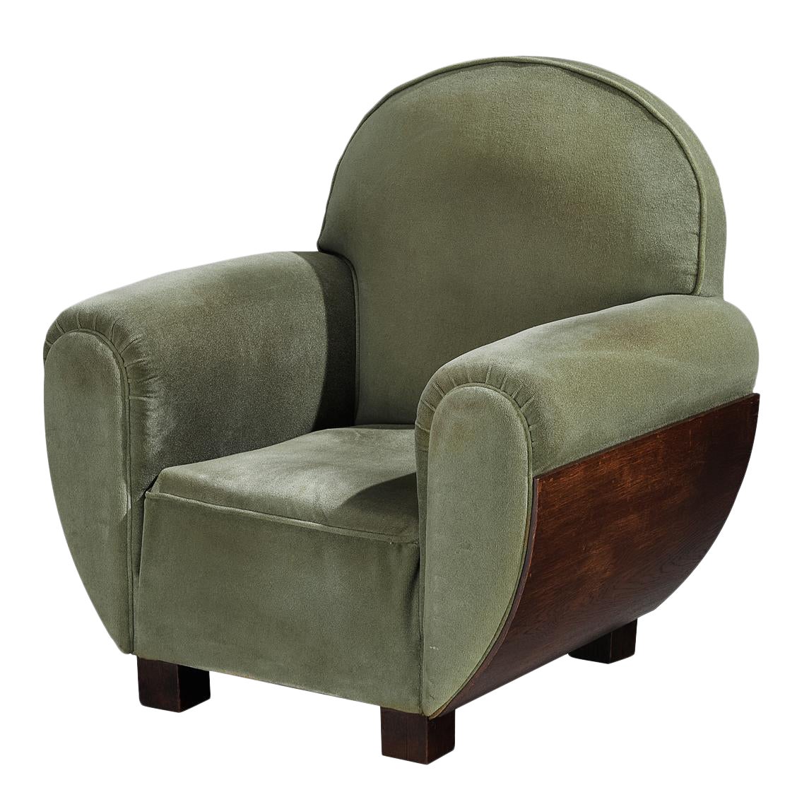 Silla Club Art Decó francesa de roble y tela en venta