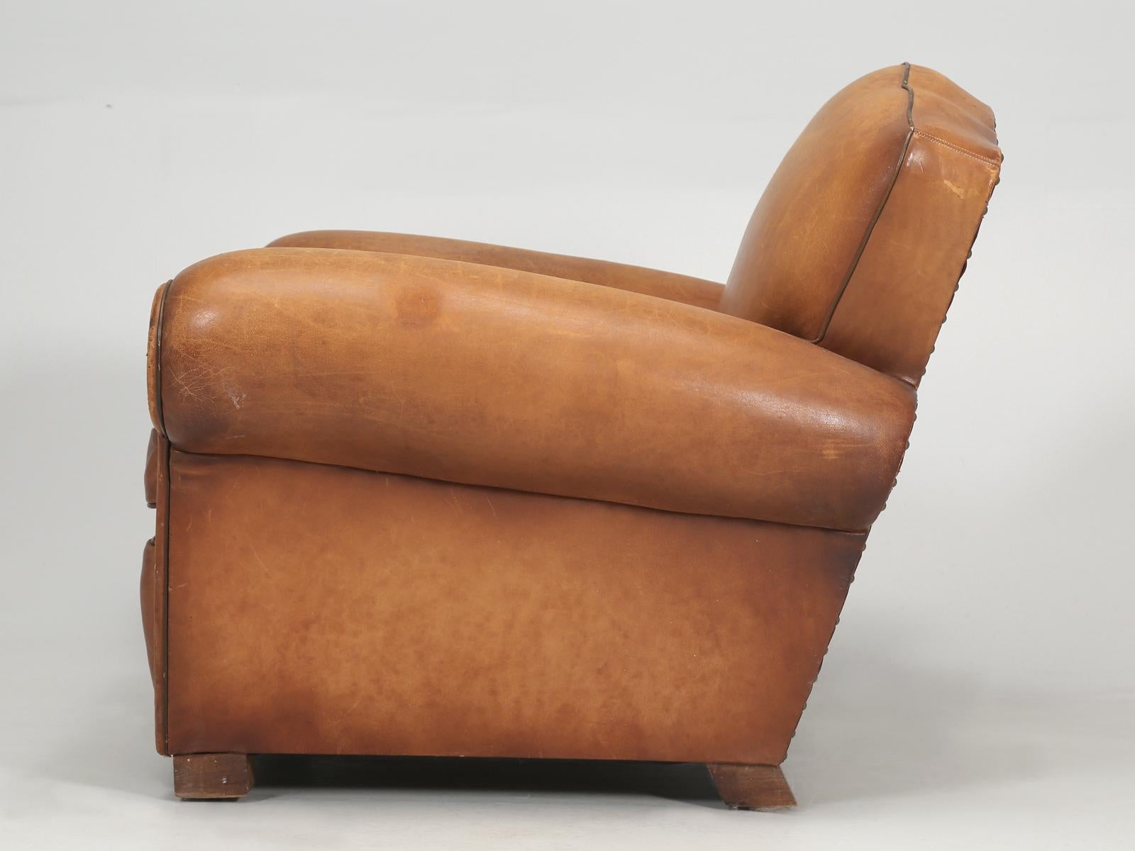 Fauteuil club Art Déco français original en cuir d'origine, restauré à l'intérieur uniquement en vente 6