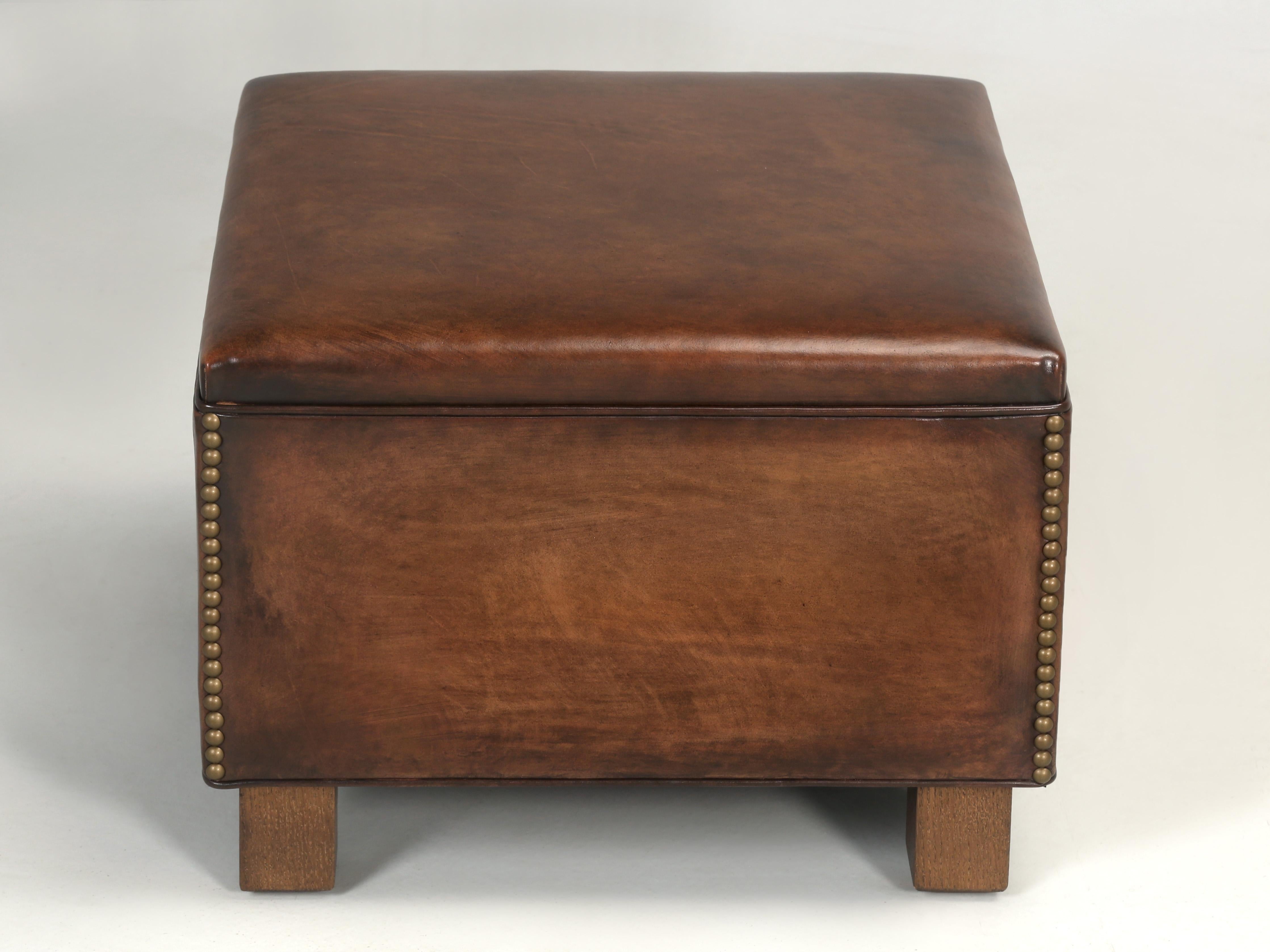 American French Art Deco Club Chair Stool or Ottoman in Aged Patina Available in Any Size For Sale