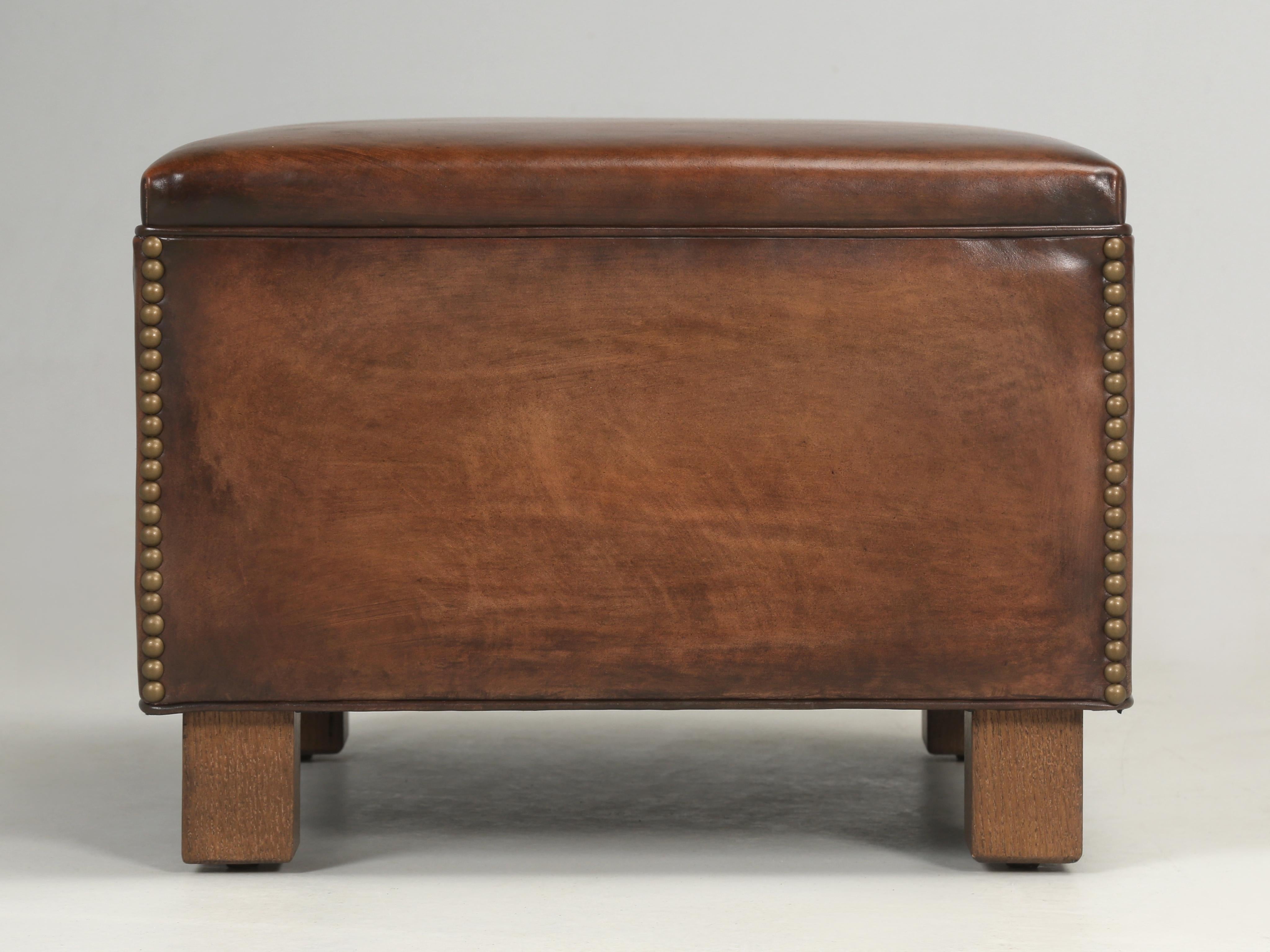 Hand-Crafted French Art Deco Club Chair Stool or Ottoman in Aged Patina Available in Any Size For Sale