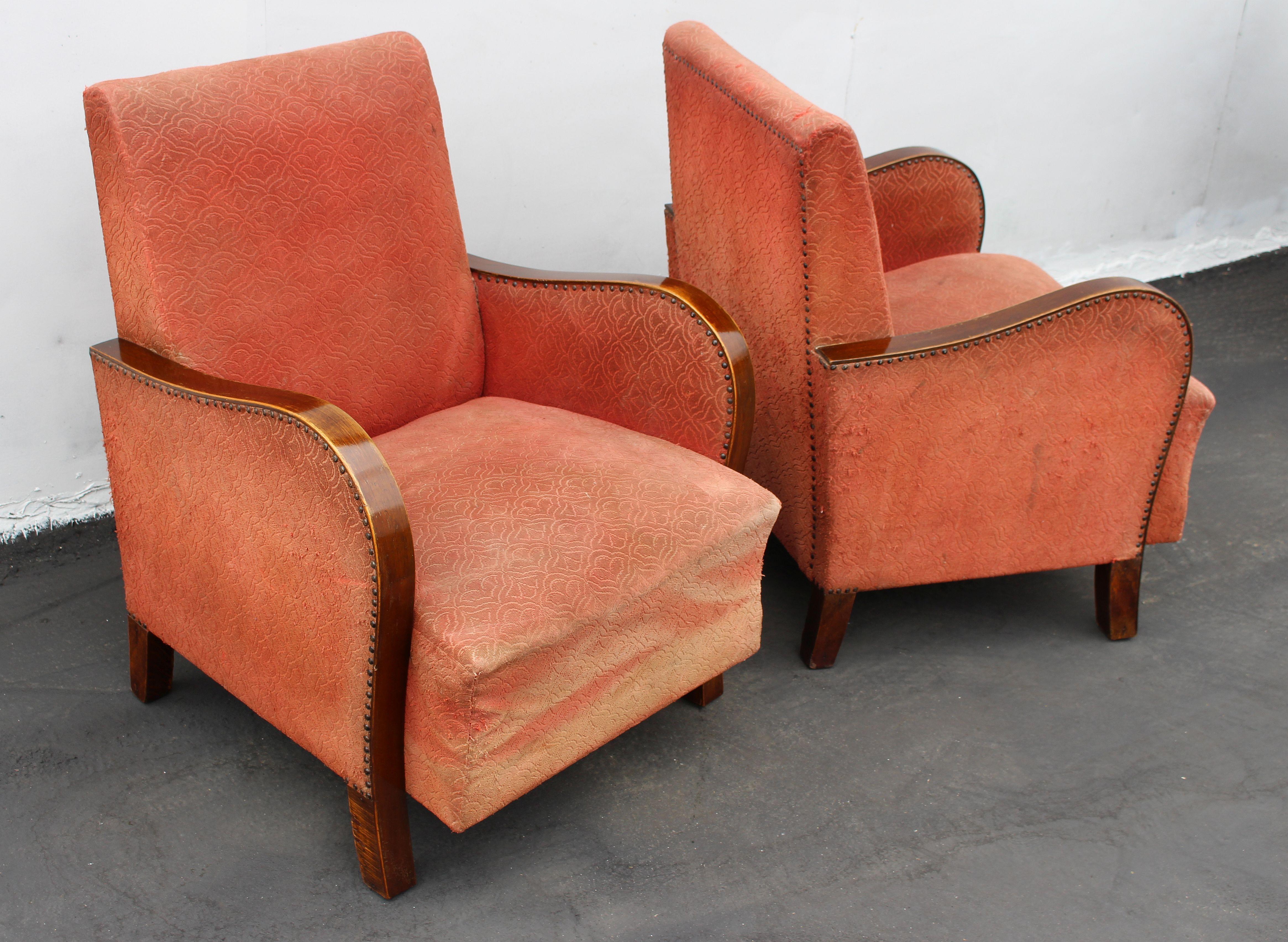 1930s French Art Deco chairs, original walnut frame and Upholstery. Wood frame shellacked and as shown on the photos near to the excellent condition.