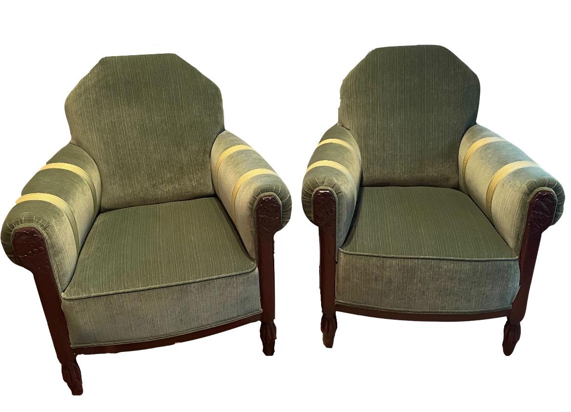 French Art Deco Club Chairs Green Velvet and Silk 3