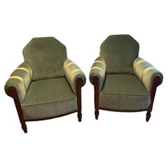 Vintage French Art Deco Club Chairs Green Velvet and Silk