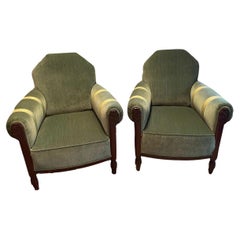 French Art Deco Club Chairs Green Velvet and Silk