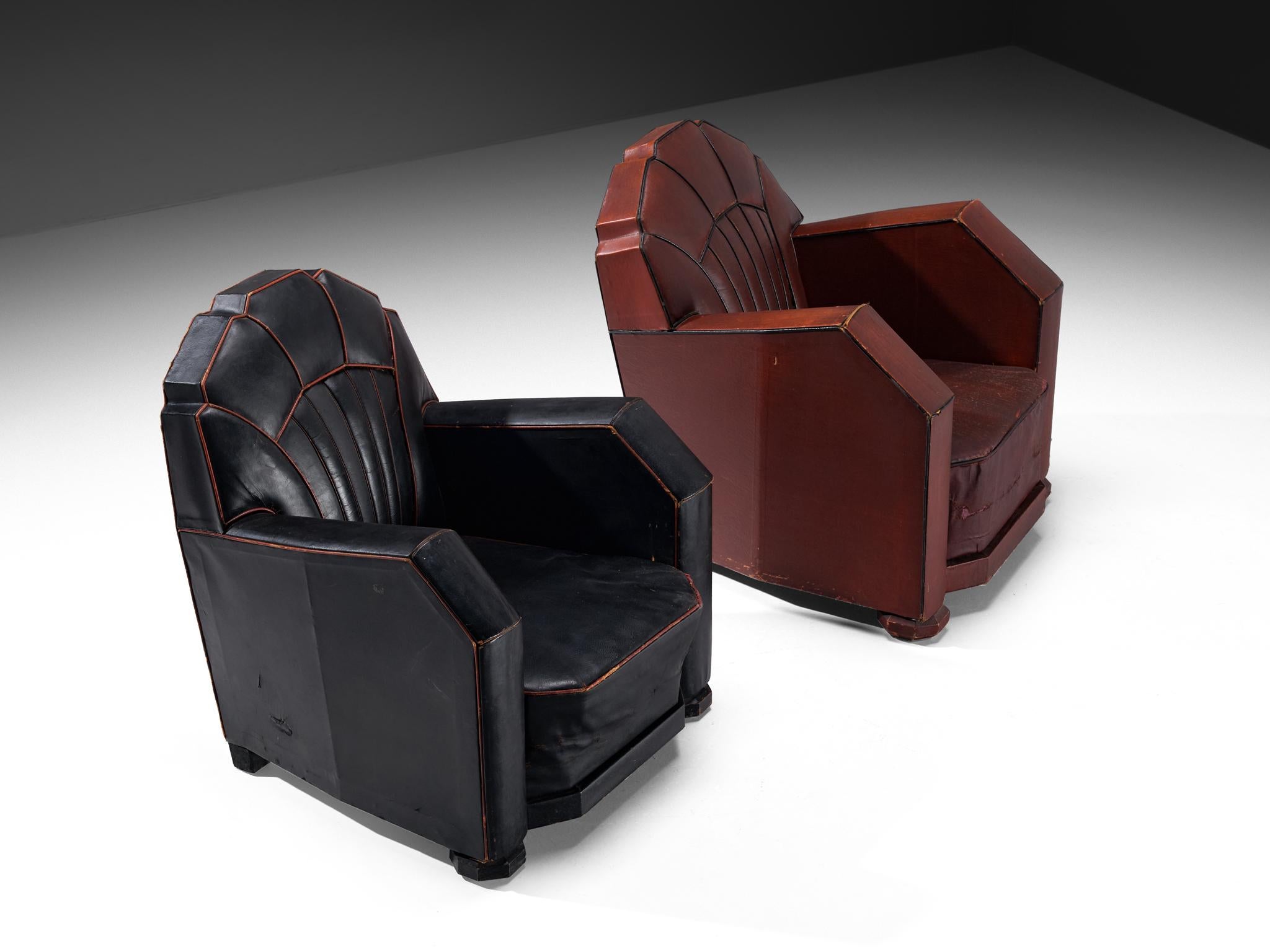 French Art Deco Club Chairs in Black and Burgundy Leather For Sale 3