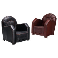French Art Deco Club Chairs in Black and Burgundy Leather