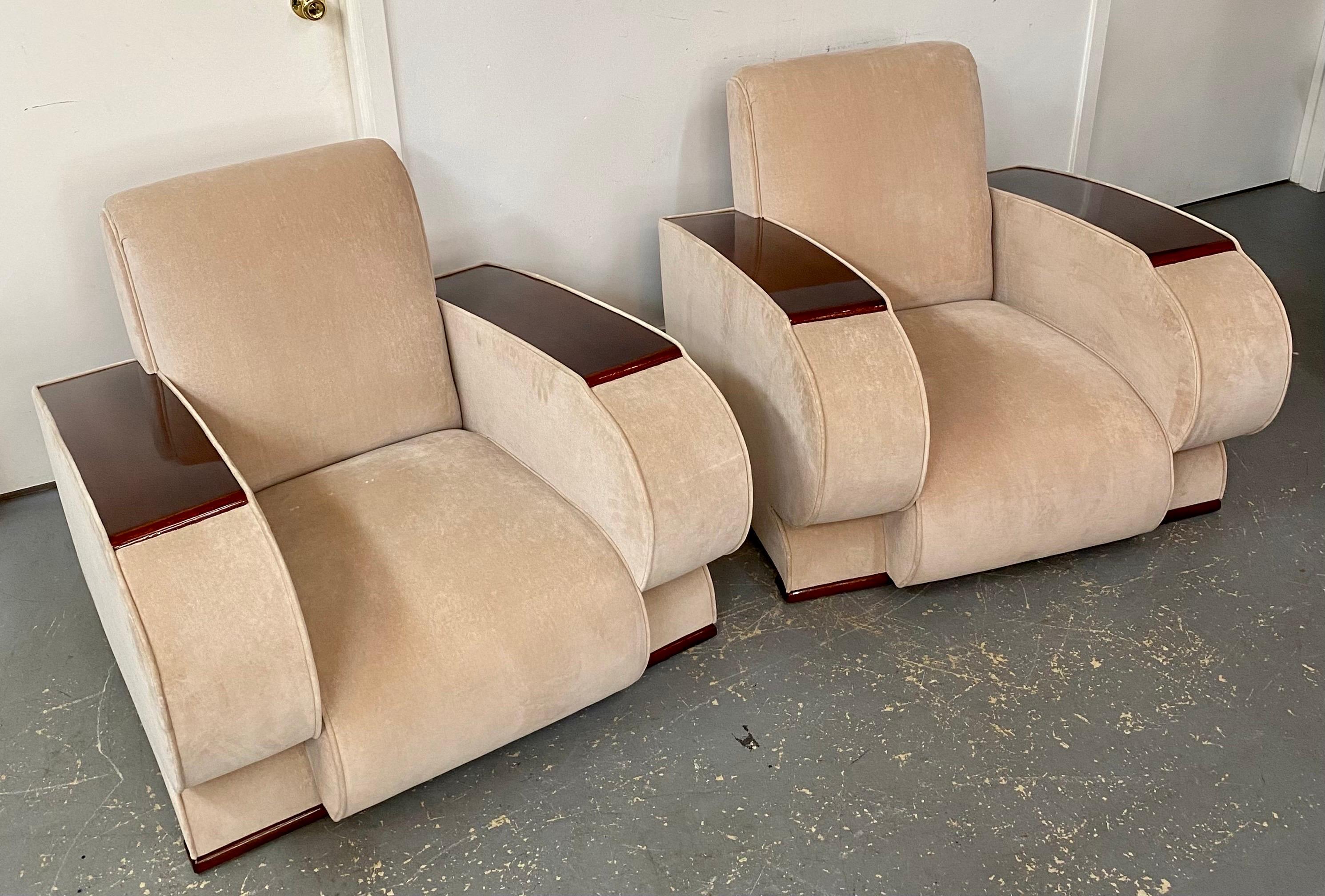 French Art Deco Club or Lounge Chair in Beige Suede Upholstery, a Pair  In Good Condition For Sale In Plainview, NY