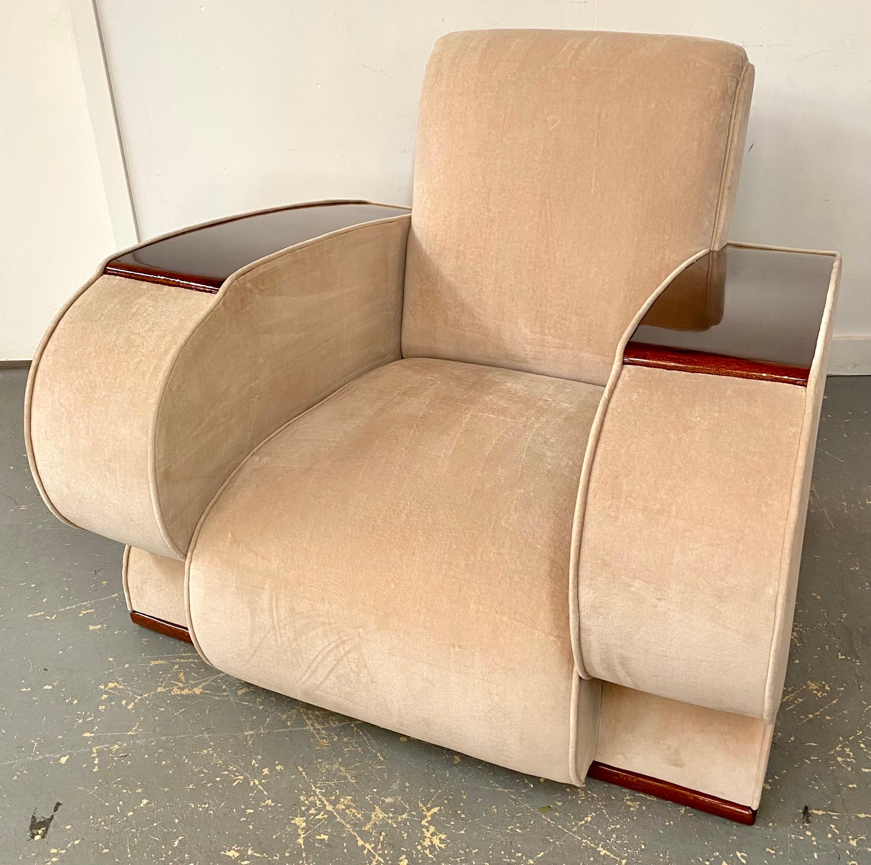 20th Century French Art Deco Club or Lounge Chair in Beige Suede Upholstery, a Pair  For Sale