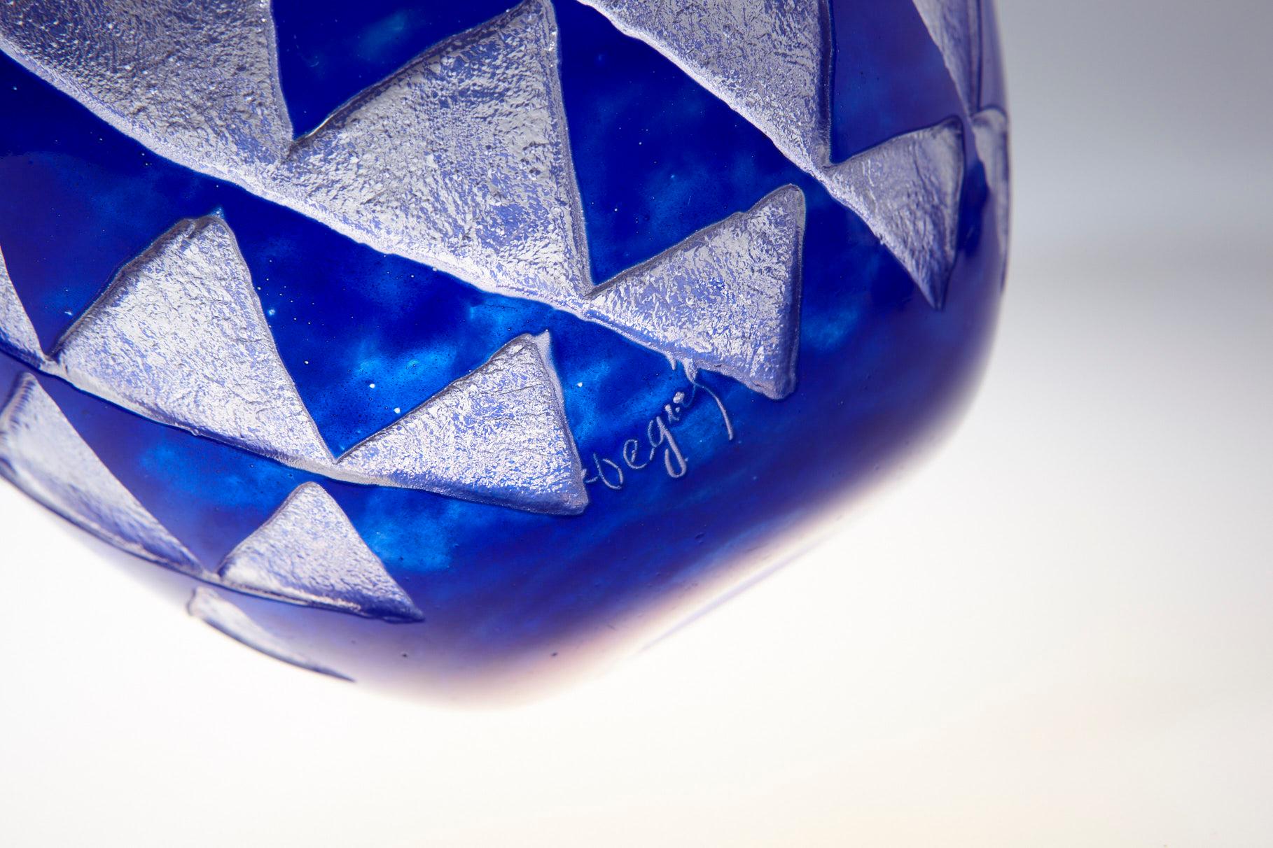 French Art Deco Cobalt Blue Sandblasted Glass Vase by David Gueron for Degué For Sale 1