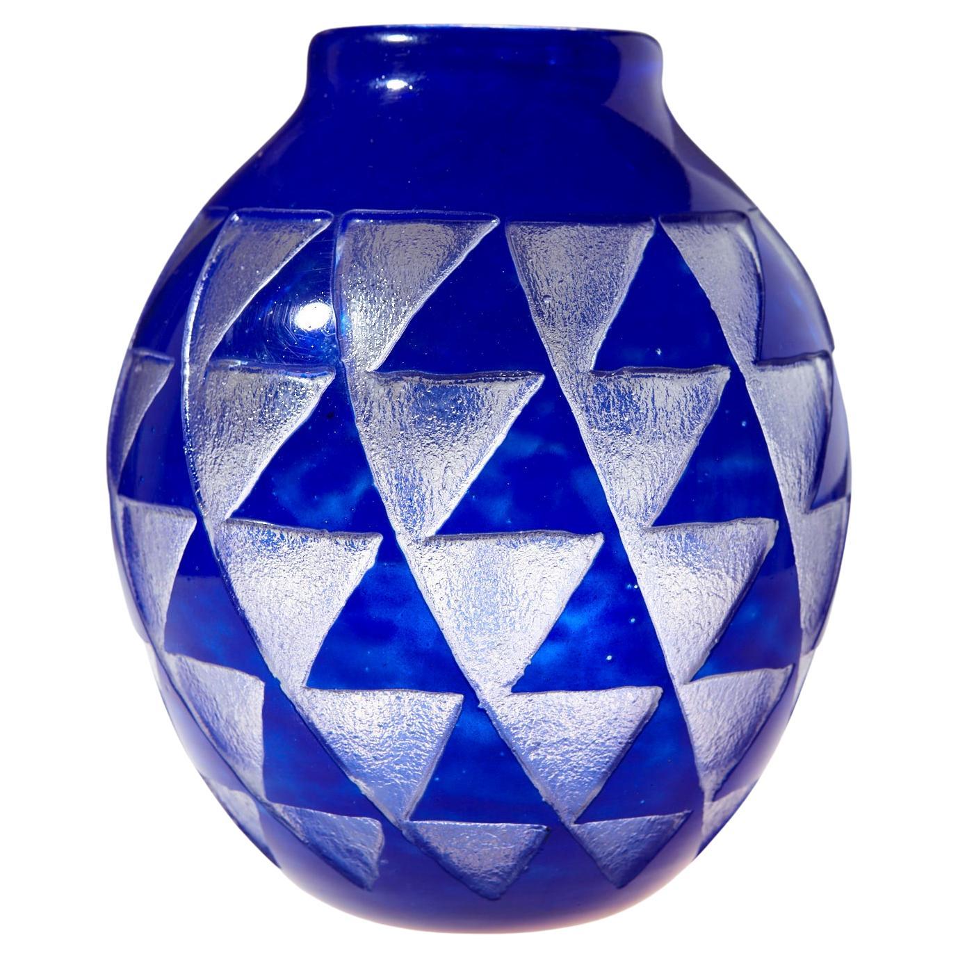 French Art Deco Cobalt Blue Sandblasted Glass Vase by David Gueron for Degué For Sale