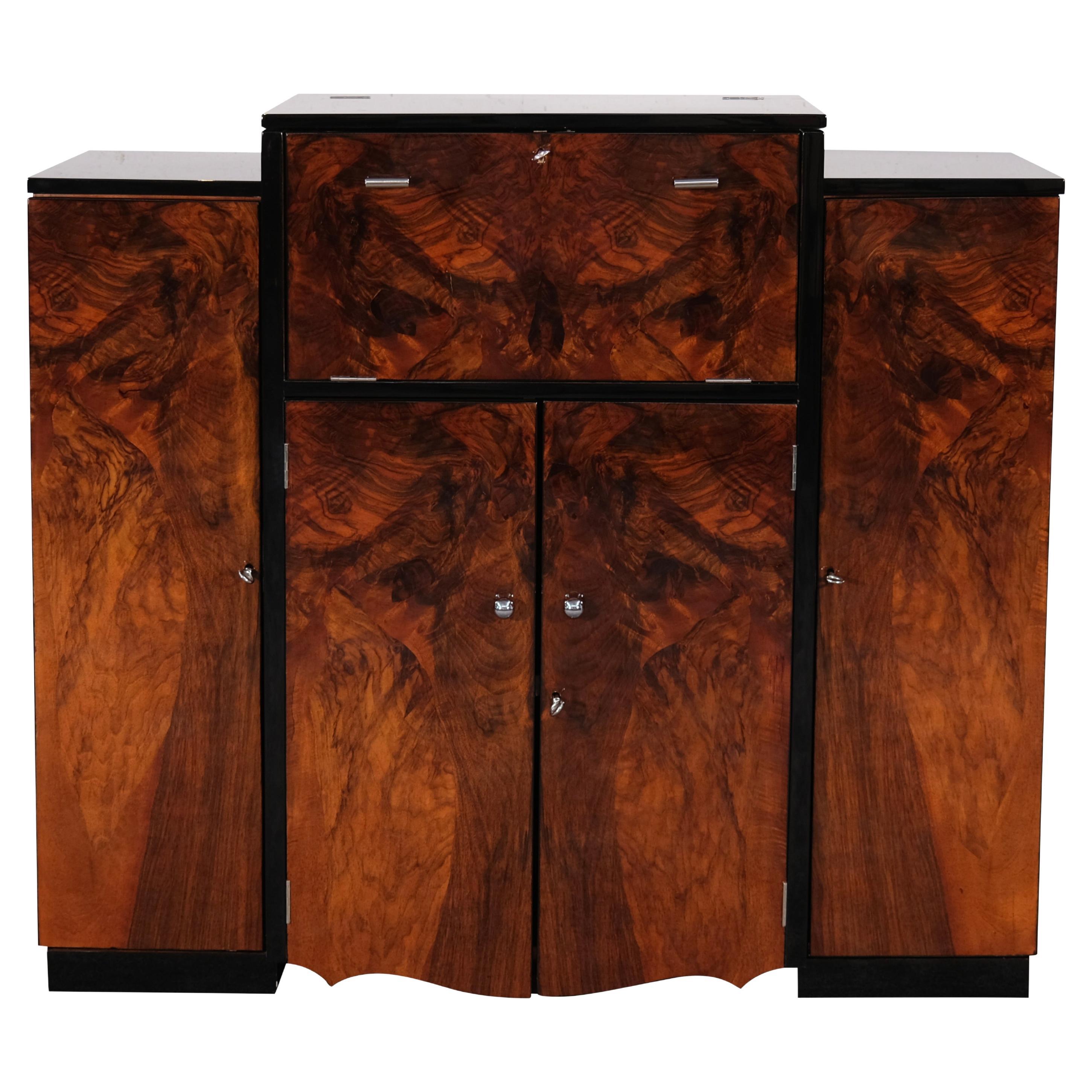 Meuble de bar Art déco français en laque noire et bois de noire, années 1930