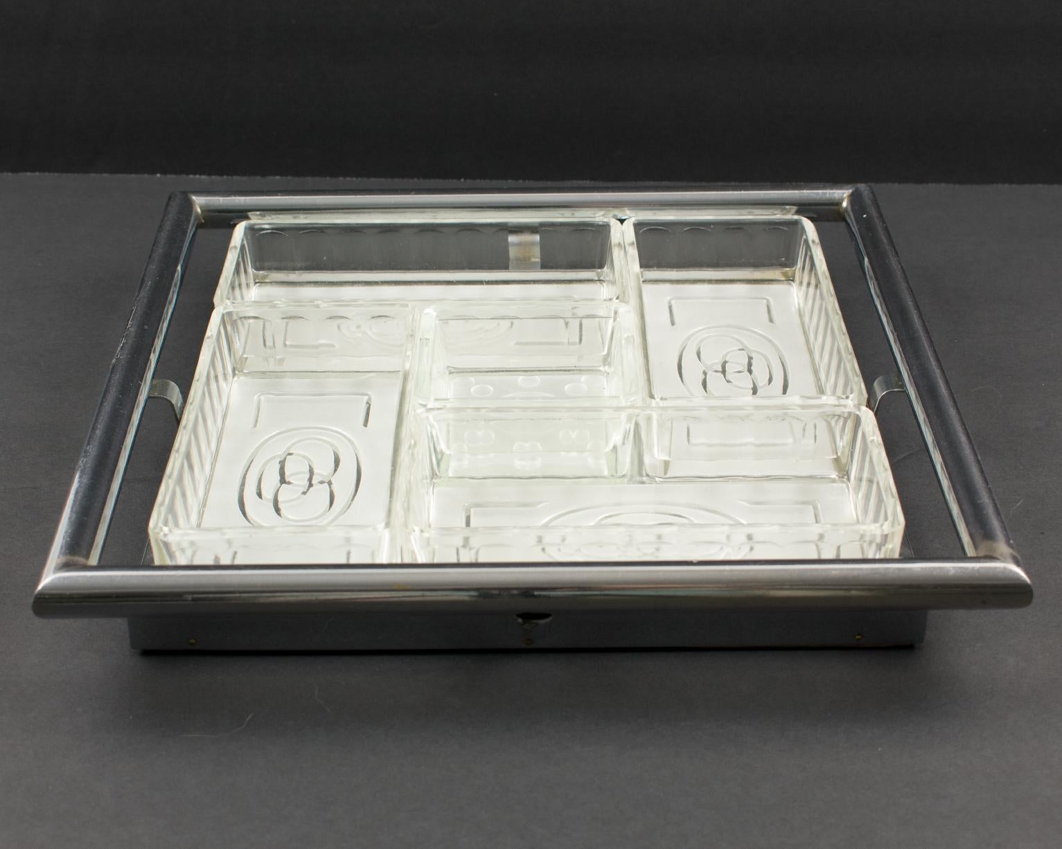 Mid-20th Century French Art Deco Cocktail Barware Set Chrome Tray with Glass Dishes