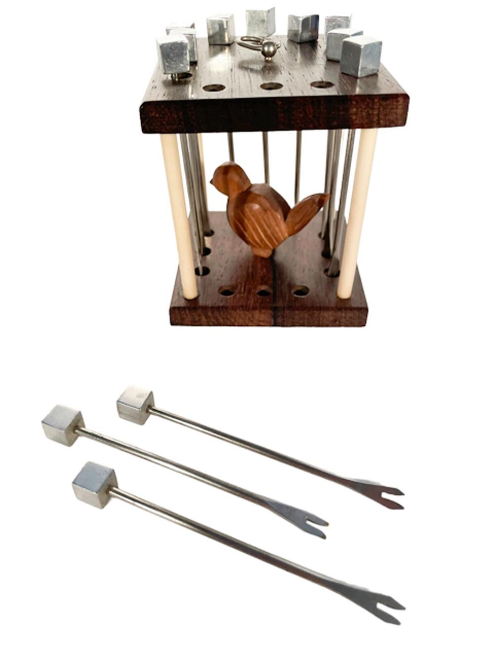 French Art Deco Cocktail Pick Set, Bird in Wood & Bakelite Cage w/Chrome Bars For Sale 1