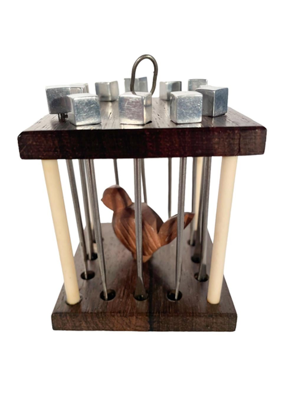 French Art Deco Cocktail Pick Set, Bird in Wood & Bakelite Cage w/Chrome Bars For Sale 3