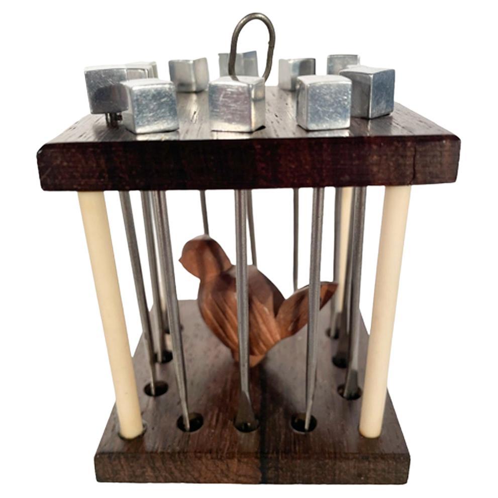 French Art Deco Cocktail Pick Set, Bird in Wood & Bakelite Cage w/Chrome Bars For Sale
