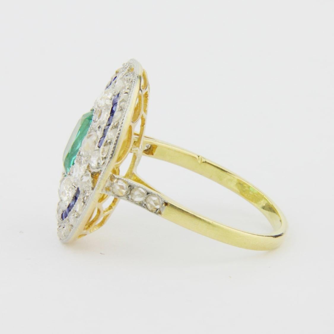 French Art Deco Cocktail Ring with an Emerald, Diamonds and Sapphires In Good Condition In Brisbane City, QLD
