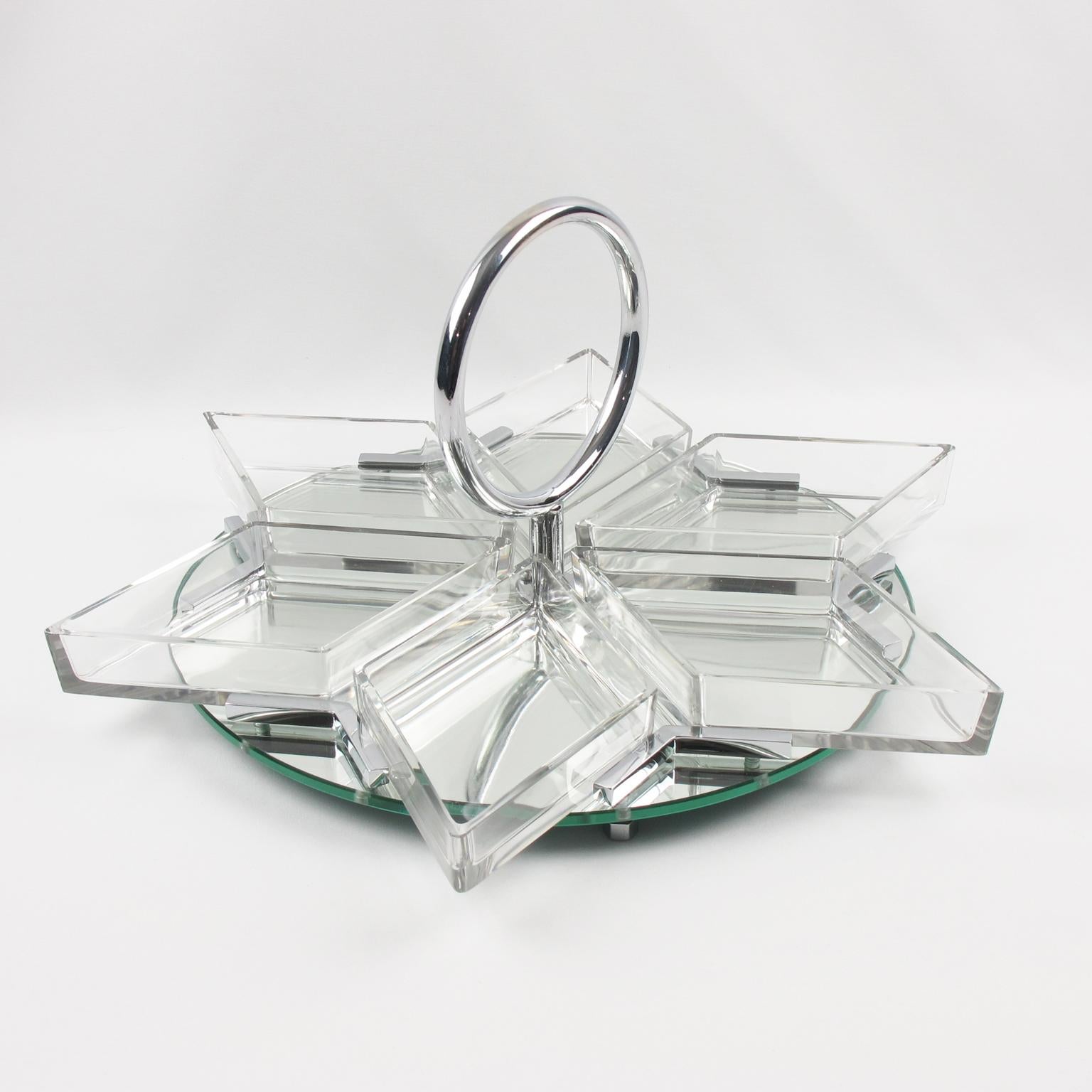 Lovely French Art Deco barware serving set for hors d'oeuvres, cocktail, snacks or appetizers. Star or snow flake shape, featuring a stunning large round mirrored serving tray with tall chrome handle. Six serving dishes, in handblown crystal with