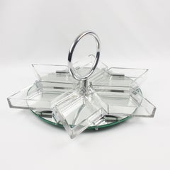 French Art Deco Cocktail Set Barware Mirror Serving Tray and Crystal Dishes