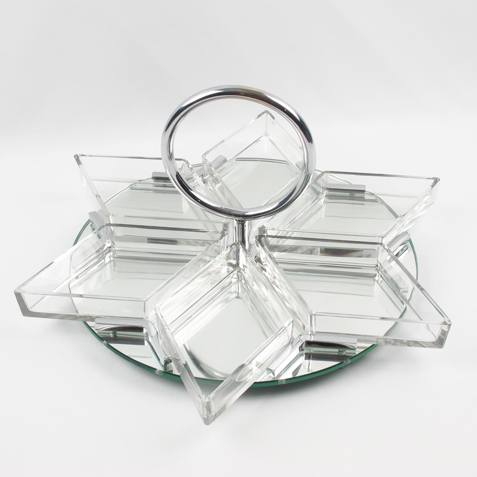 French Art Deco Cocktail Set Barware Mirror Serving Tray and Crystal Dishes In Excellent Condition In Atlanta, GA