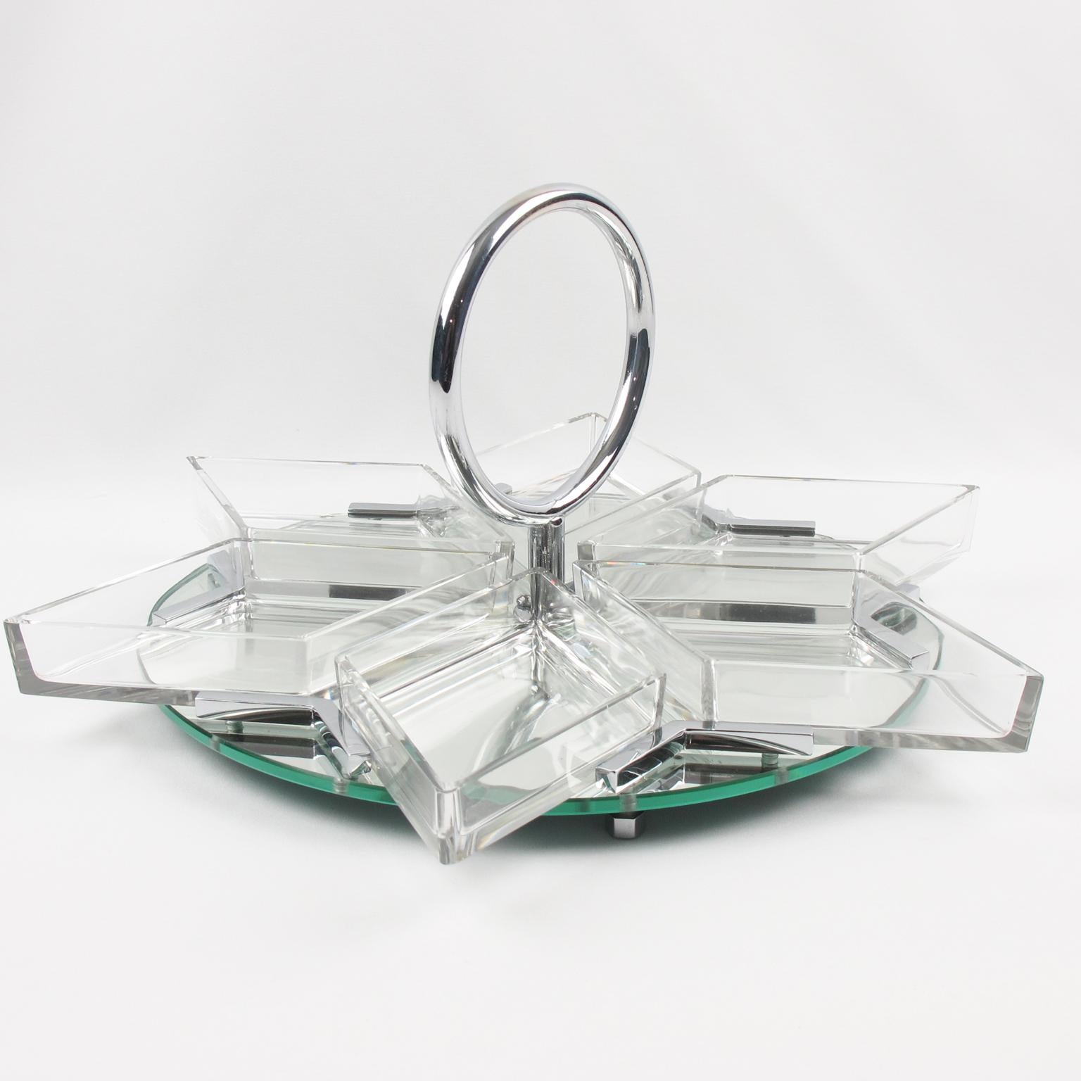 Mid-20th Century French Art Deco Cocktail Set Barware Mirror Serving Tray and Crystal Dishes