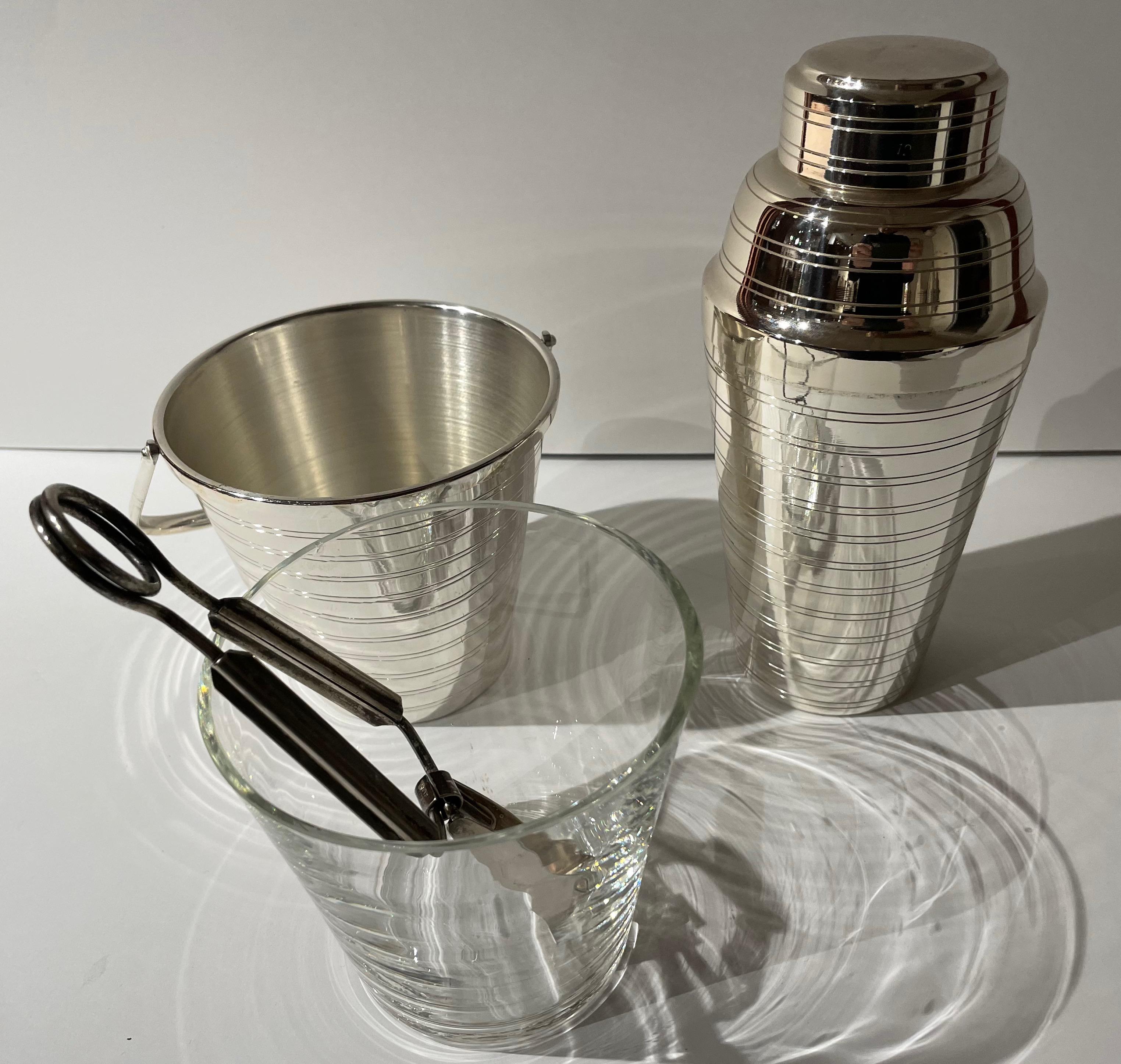 Mid-20th Century French Art Deco Cocktail Shaker Matching Ice Bucket and Tongs