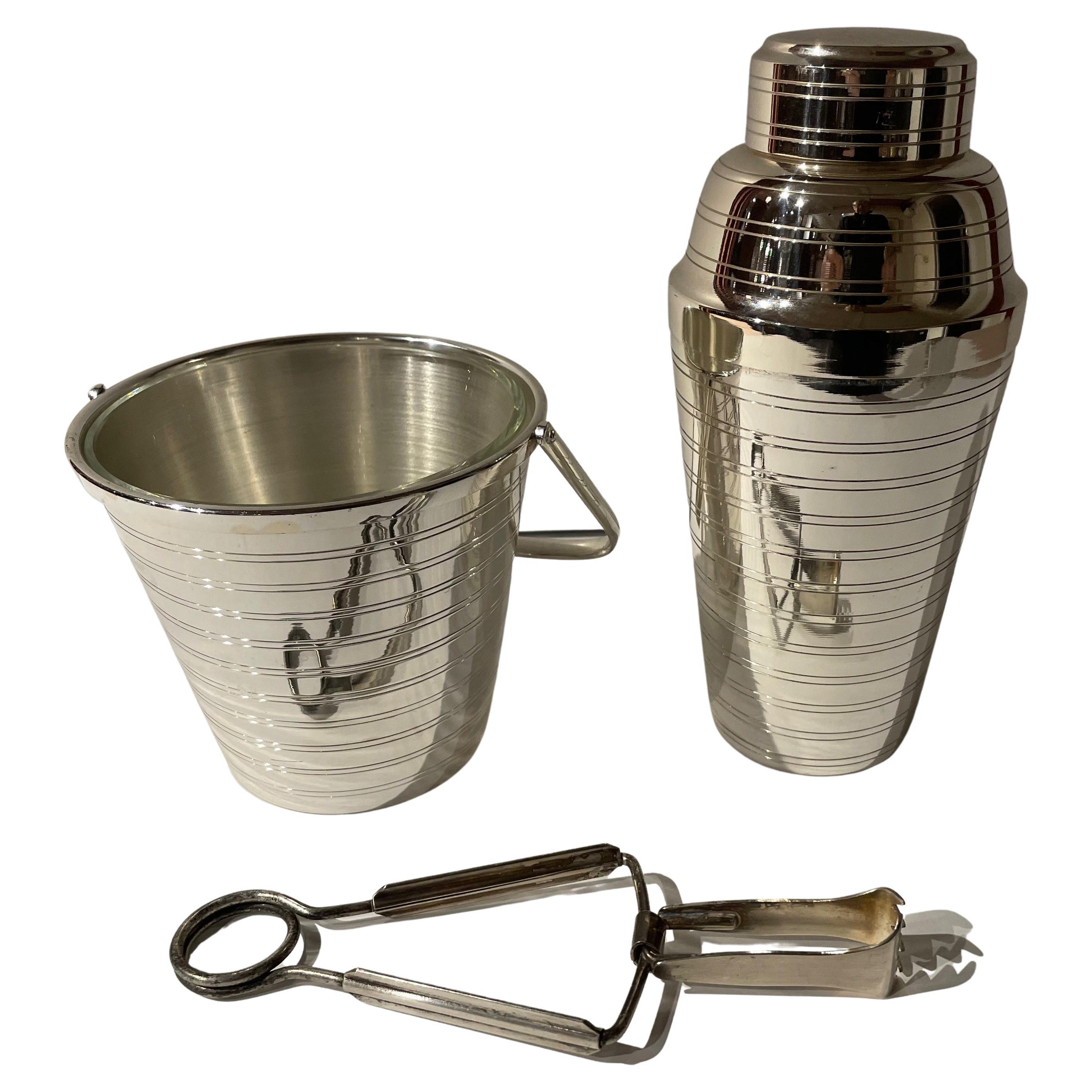 French Art Deco Cocktail Shaker Matching Ice Bucket and Tongs