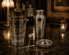 French Art Deco Cocktail Shaker Set, Silver Plate & Crystal, 1920s