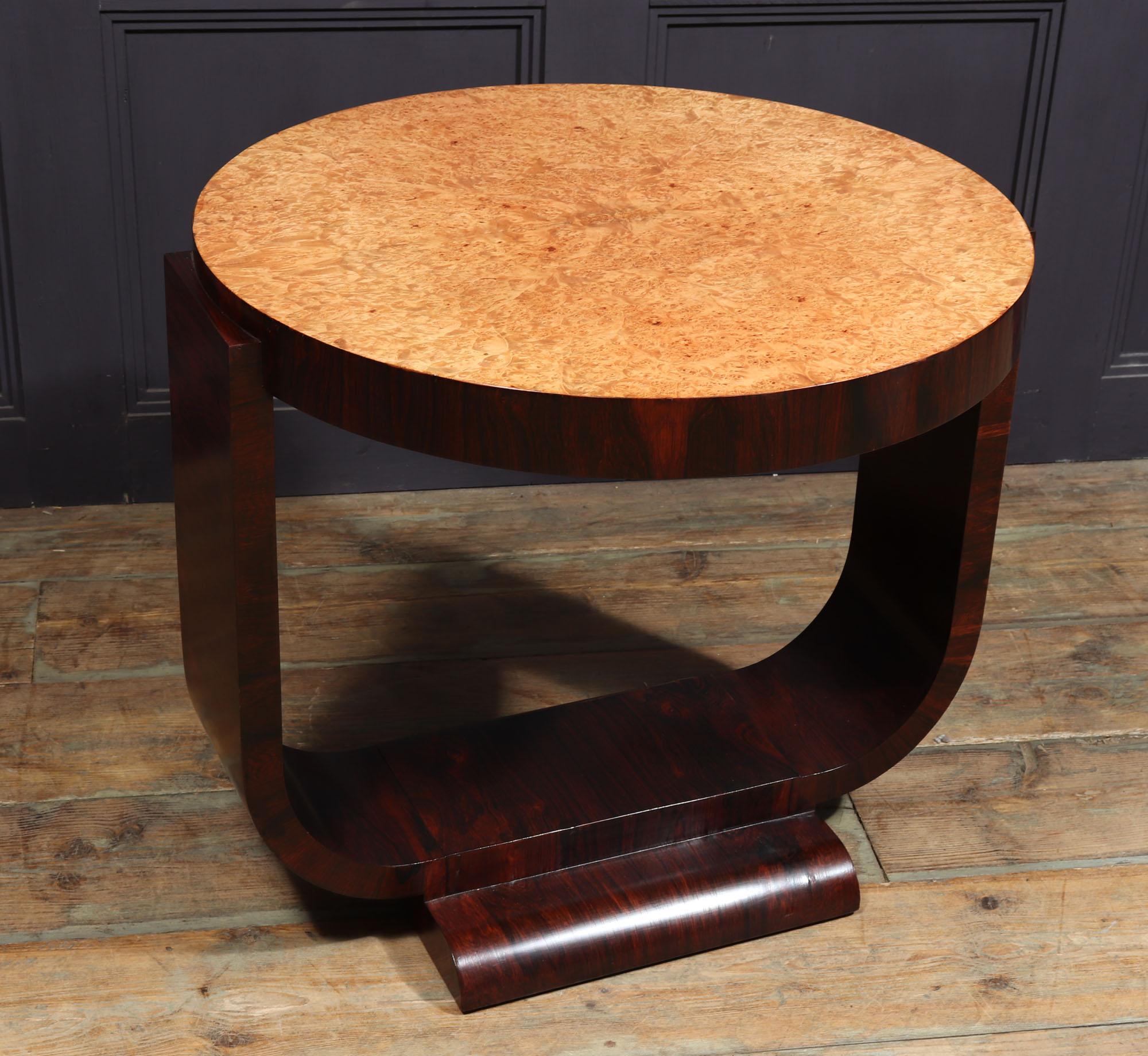 FRENCH ART DECO TABLE
An unusual French Art Deco u base coffee table in rosewood with burr maple top, the table has been carefully restored and fully polished by hand and is in excellent condition throughout

Age: 1930

Style: French Art