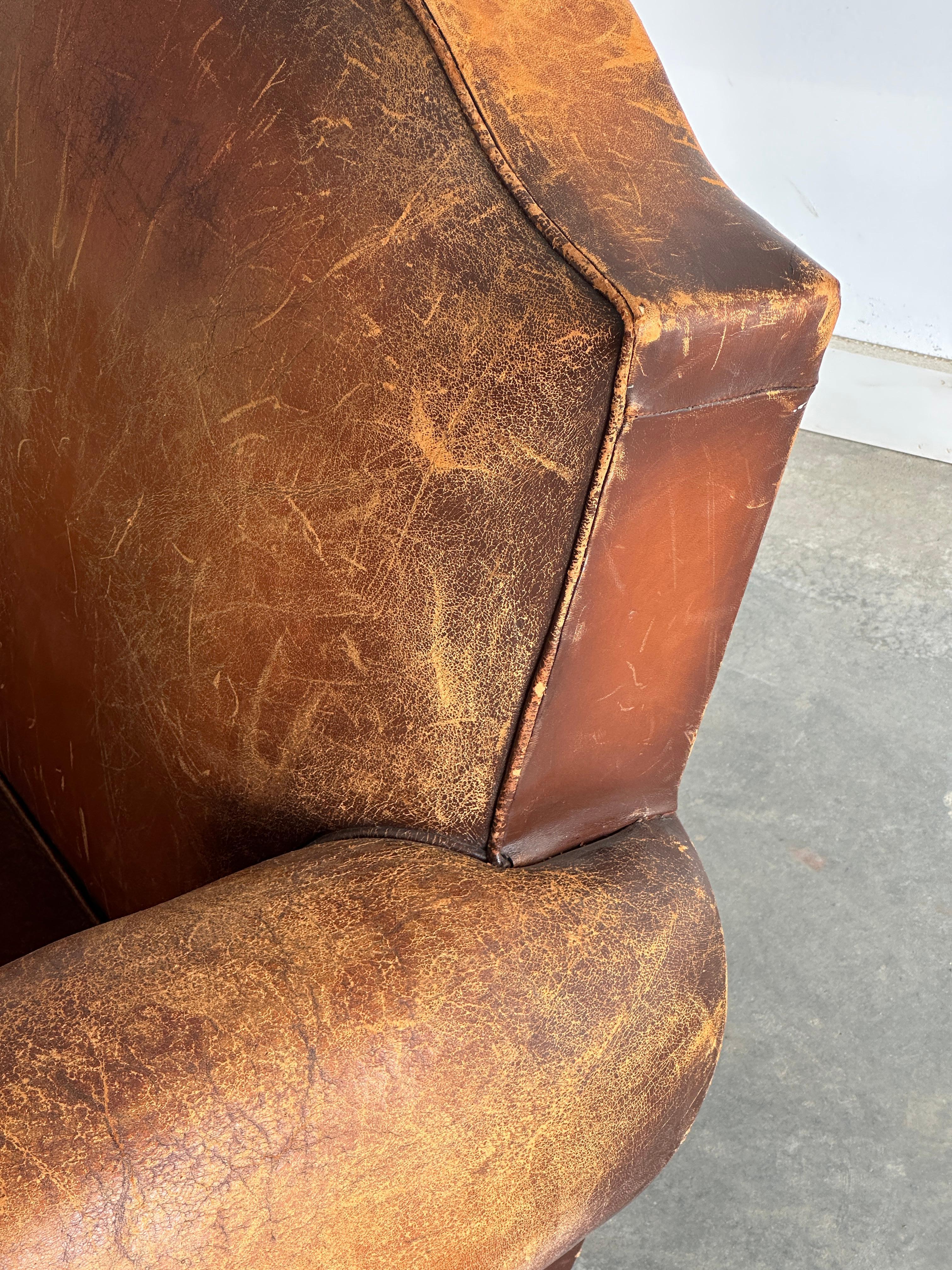 French art deco cognac leather and velvet moustache club chair For Sale 3