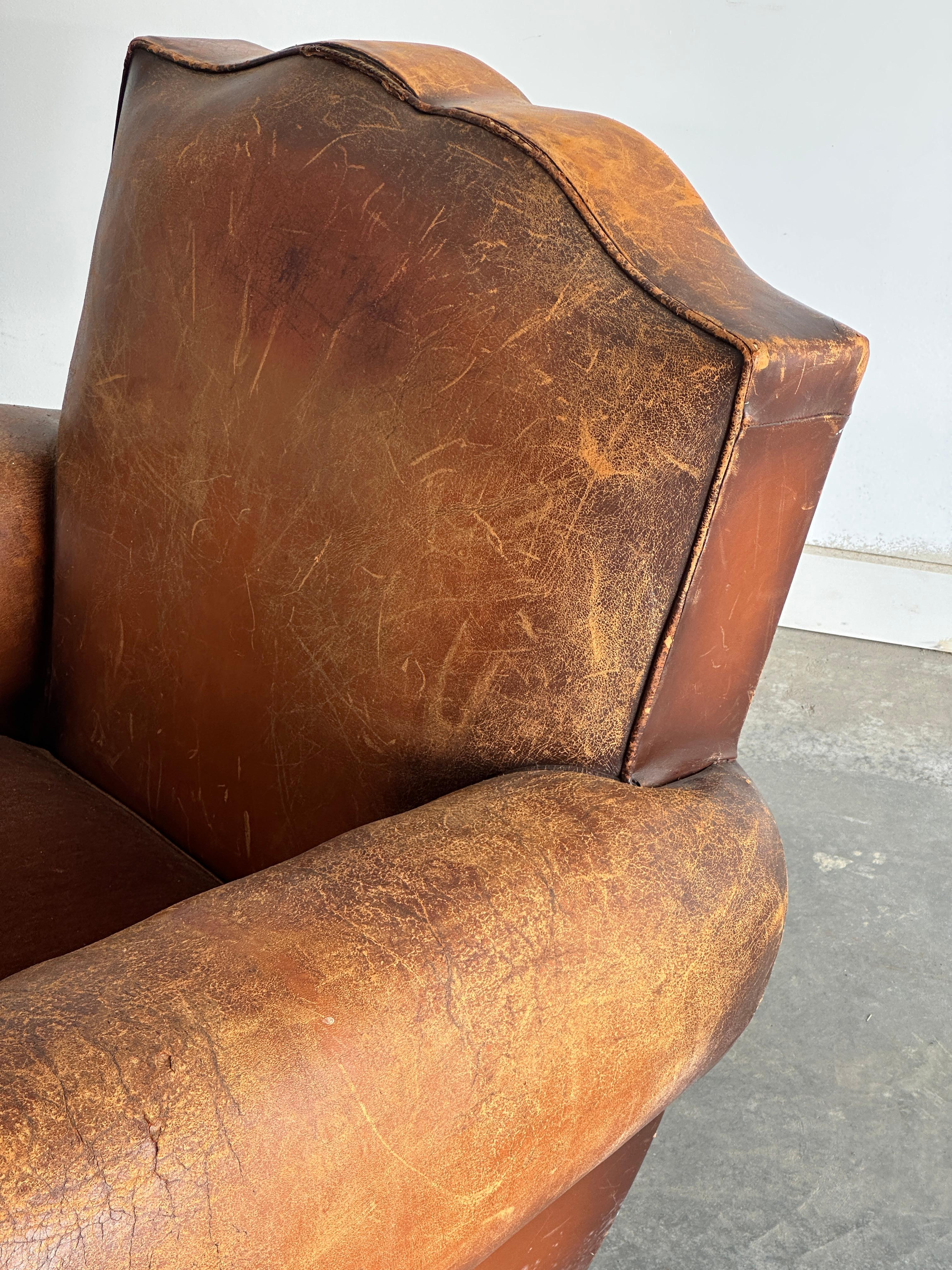 French art deco cognac leather and velvet moustache club chair For Sale 4