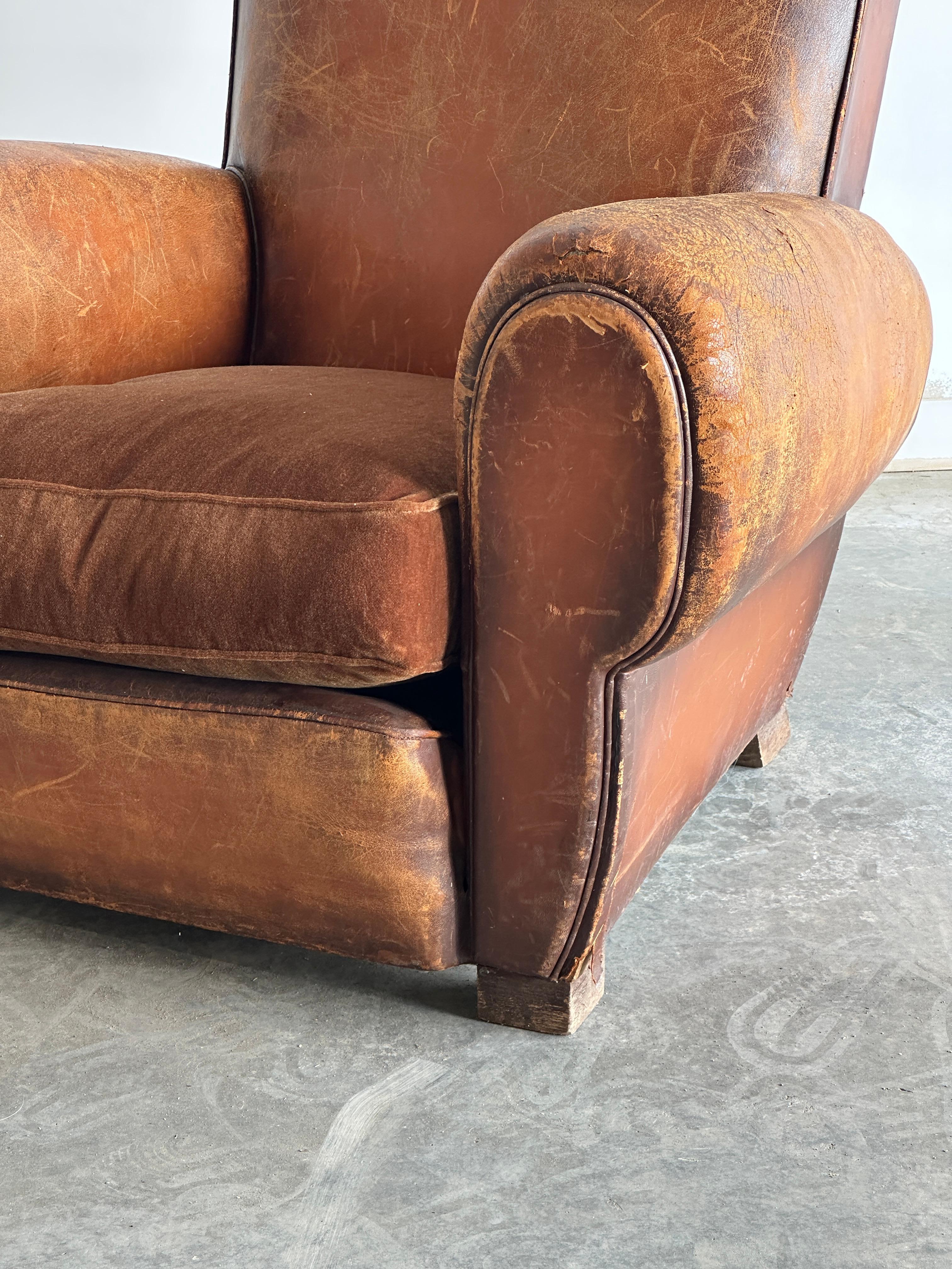 French art deco cognac leather and velvet moustache club chair For Sale 6