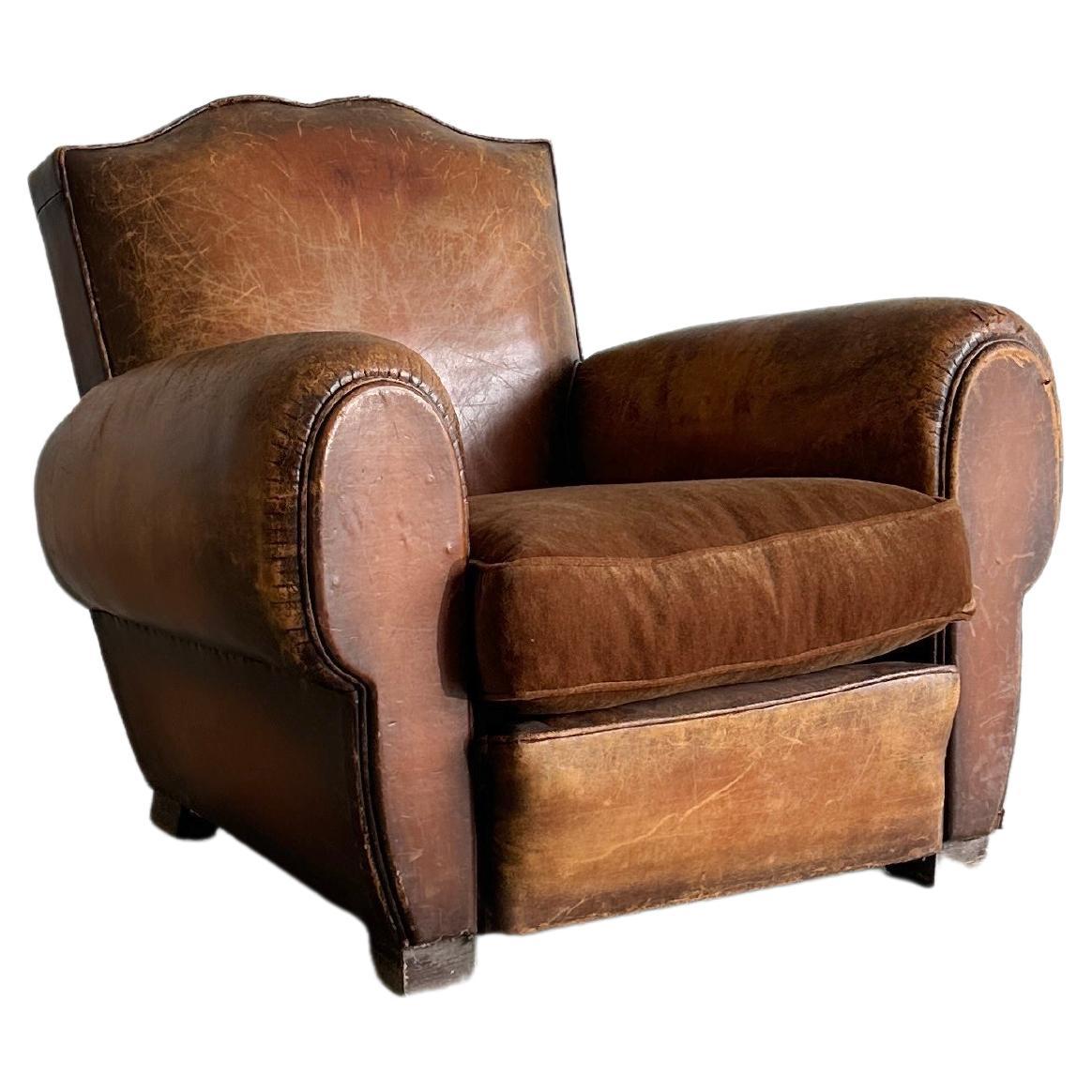 French art deco cognac leather and velvet moustache club chair For Sale