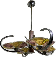 Art Deco Chandelier, Hand-Painted Glass & Chrome, European Design