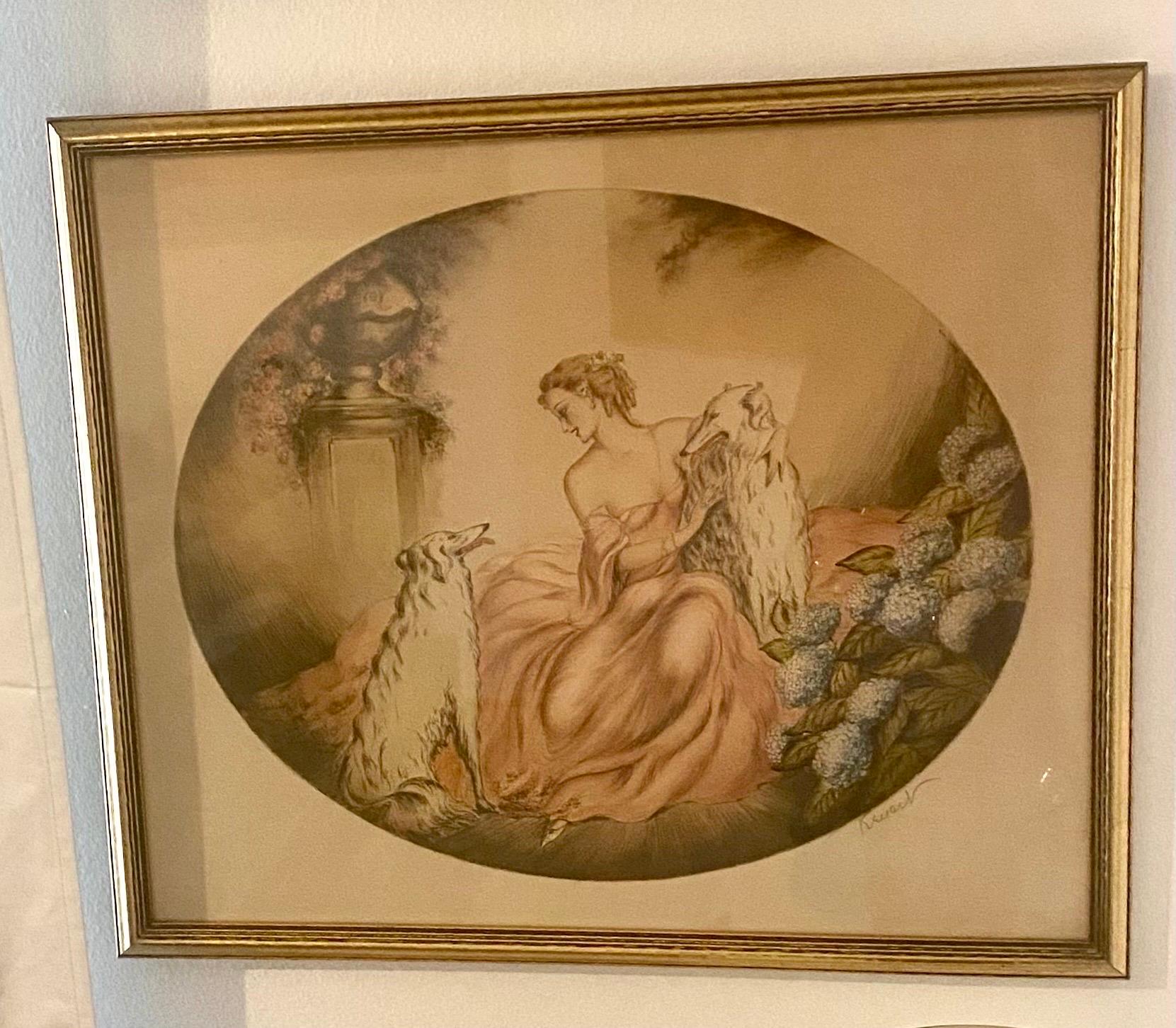Beautiful French Art Deco colored lithograph of a woman with two Russian wolfhounds signed Renart, in the style of Louis Icart. This handmade lithograph is hand colored and signed by the artist. The gilt wood frame is original.