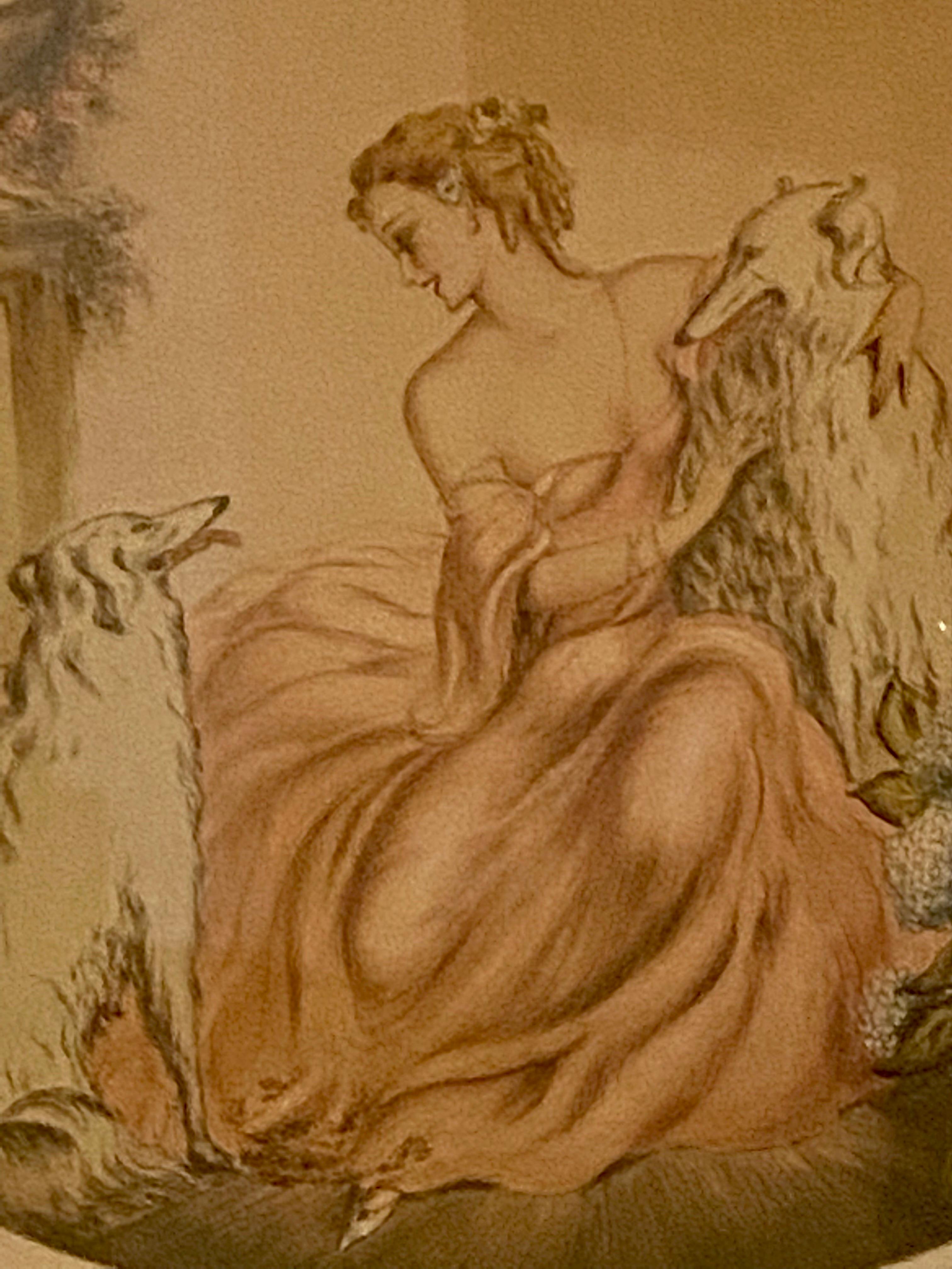 20th Century French Art Deco Colored Lithograph of Woman with Wolfhounds, signed Renart  For Sale