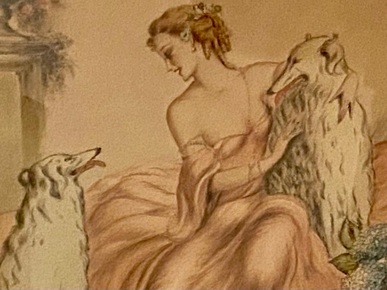 French Art Deco Colored Lithograph of Woman with Wolfhounds, signed Renart  For Sale 2