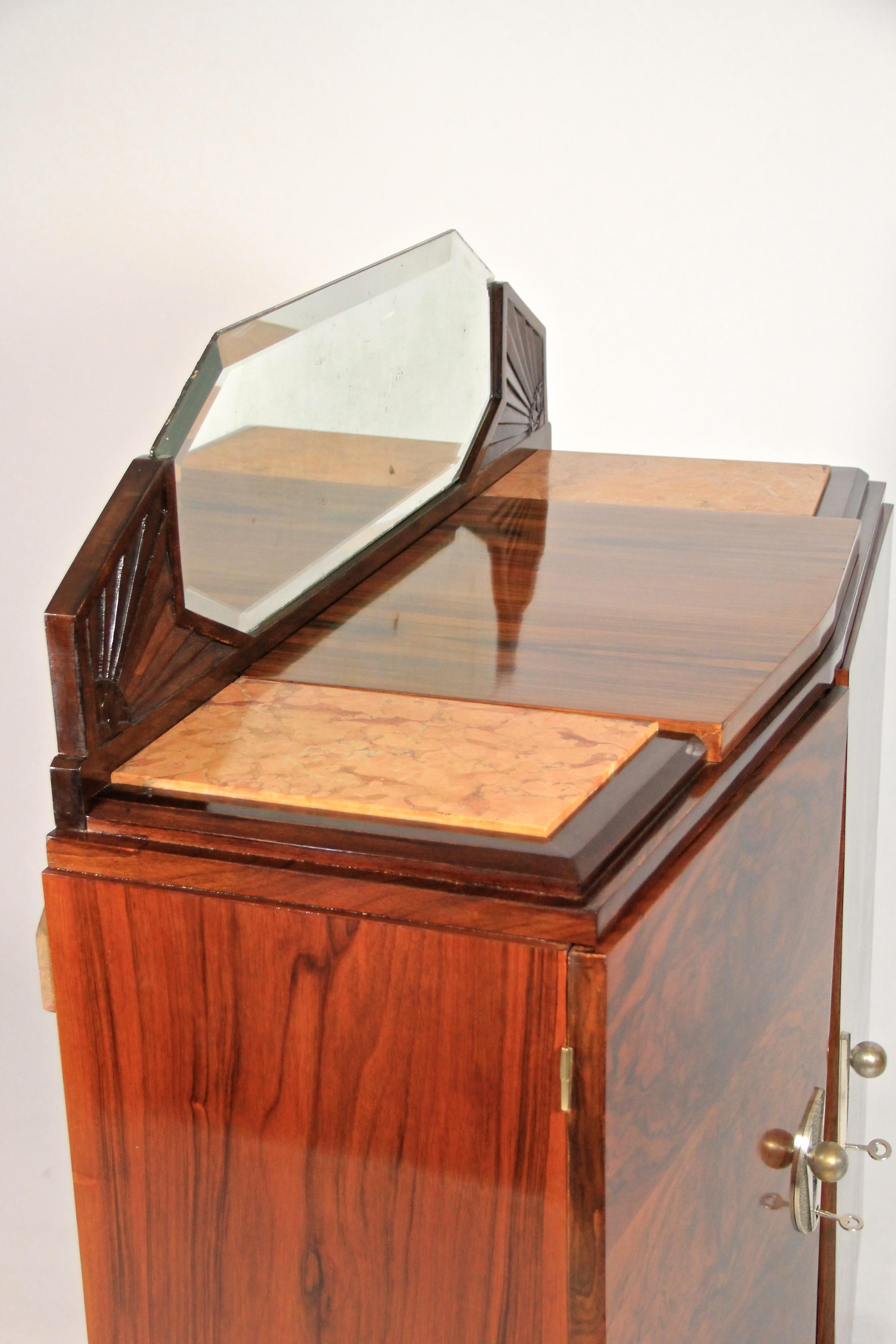 French Art Deco Commode Burr Walnut With Mirror & Marble, France, circa 1925 10