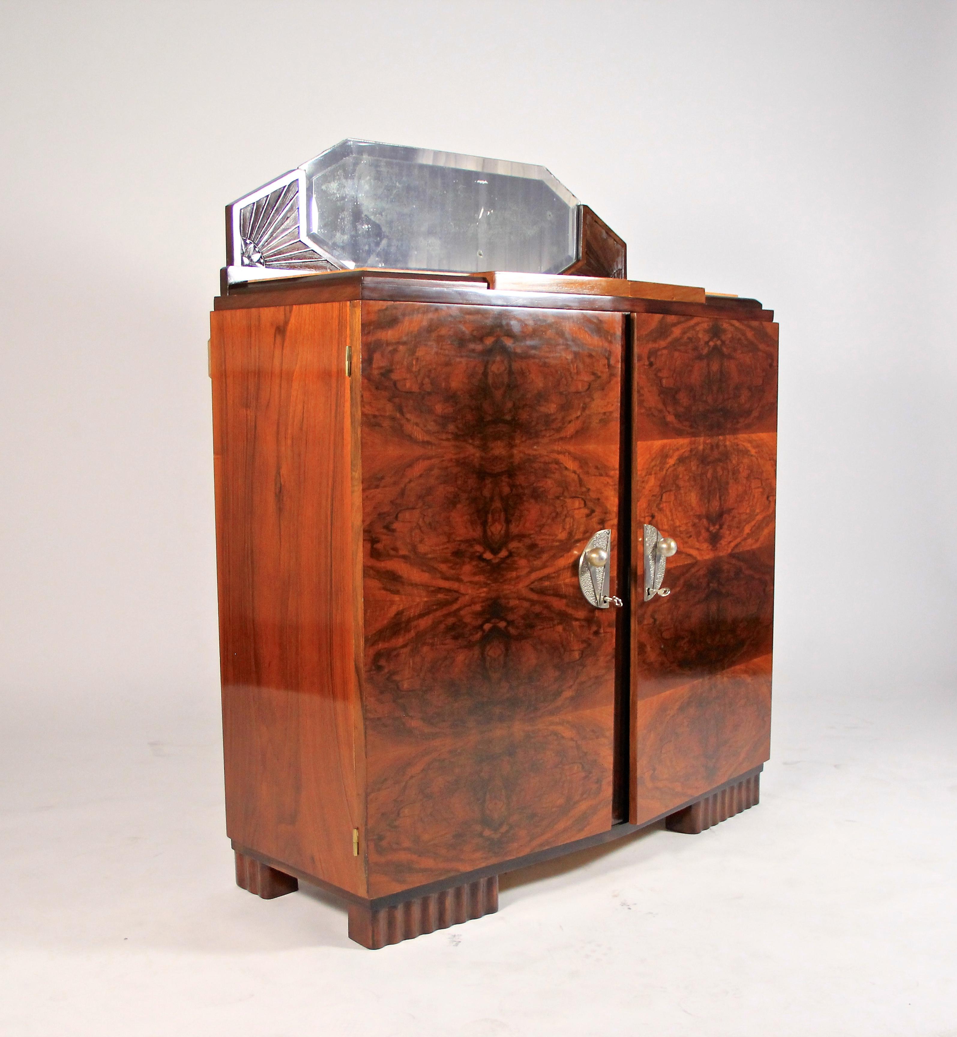 French Art Deco Commode Burr Walnut With Mirror & Marble, France, circa 1925 12
