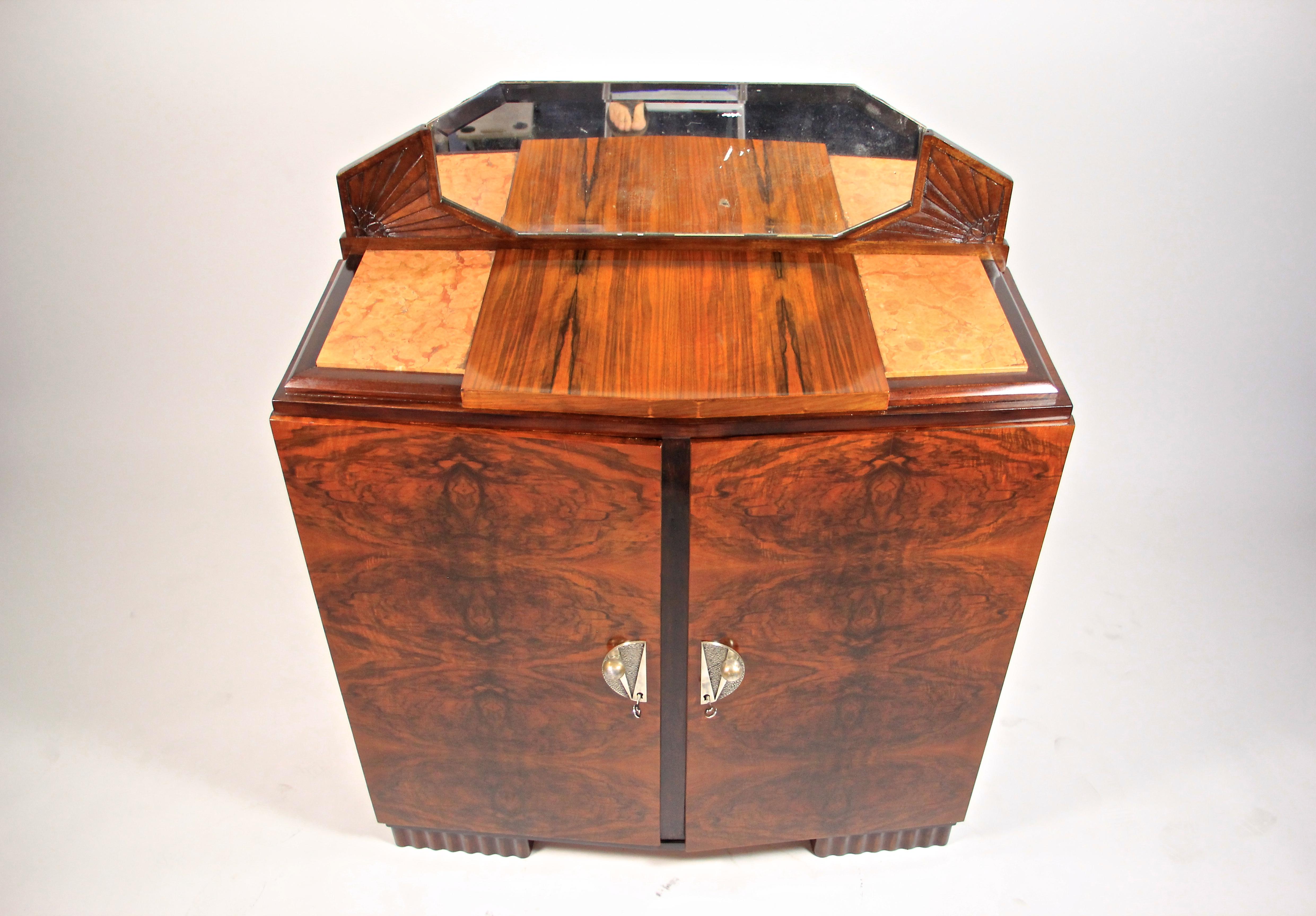 20th Century French Art Deco Commode Burr Walnut With Mirror & Marble, France, circa 1925