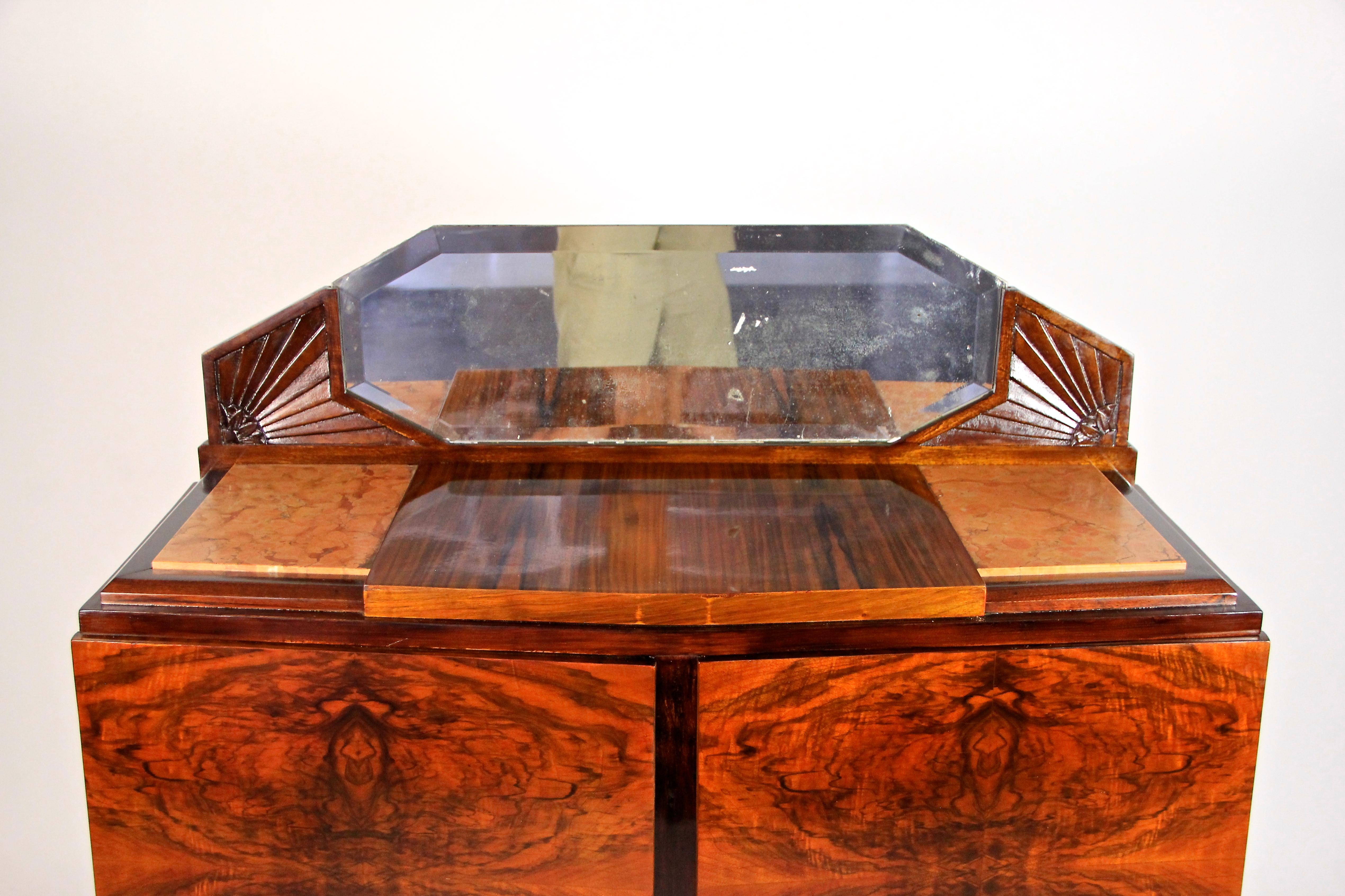 French Art Deco Commode Burr Walnut With Mirror & Marble, France, circa 1925 1