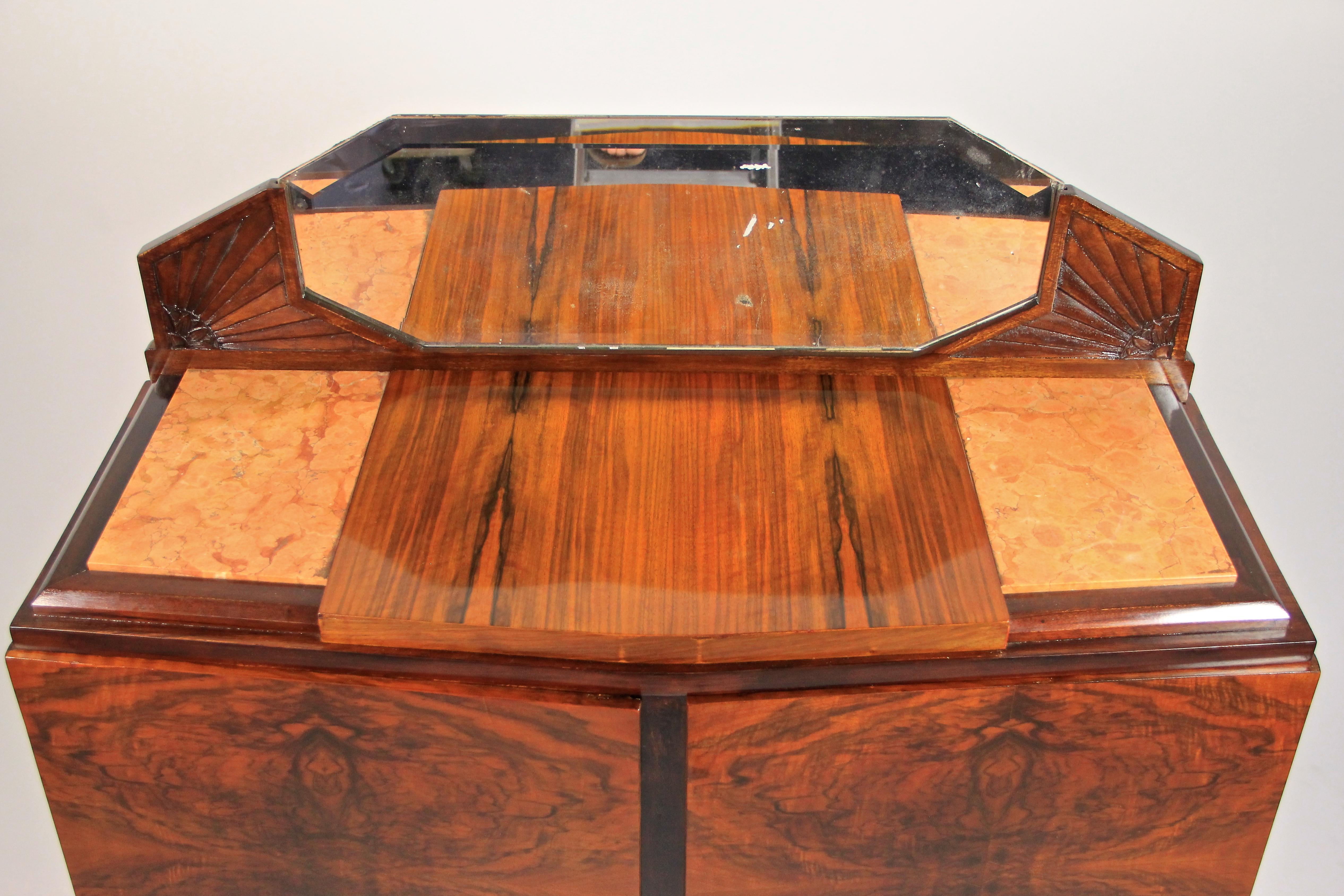French Art Deco Commode Burr Walnut With Mirror & Marble, France, circa 1925 For Sale 4