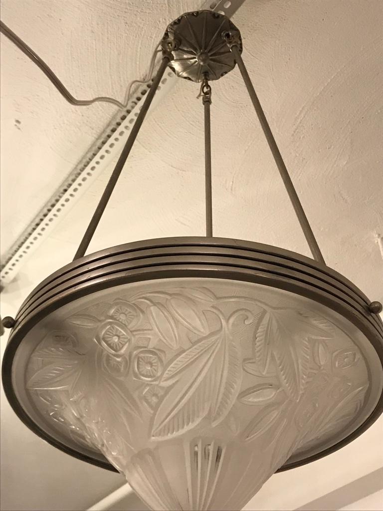 French Art Deco Cone Shape Chandelier Signed By Lorrain Nancy France  In Excellent Condition For Sale In North Bergen, NJ
