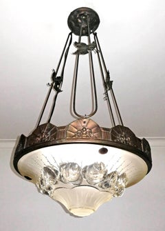 French Art Deco Cone Shape Glass Skyscraper Chandelier Signed by Schneider c1920