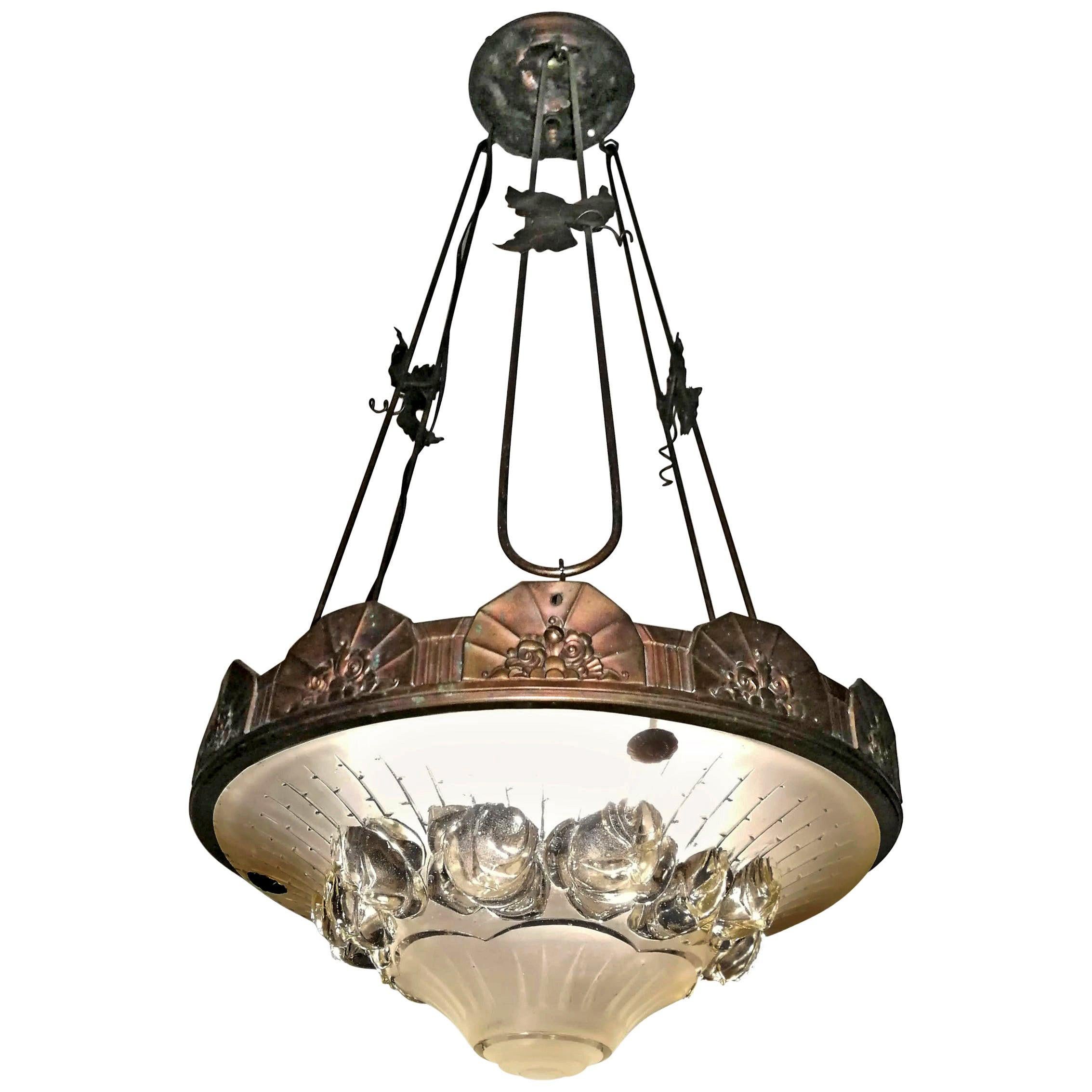 French Art Deco Cone Shape Glass Skyscraper Chandelier Signed by Schneider c1920 For Sale